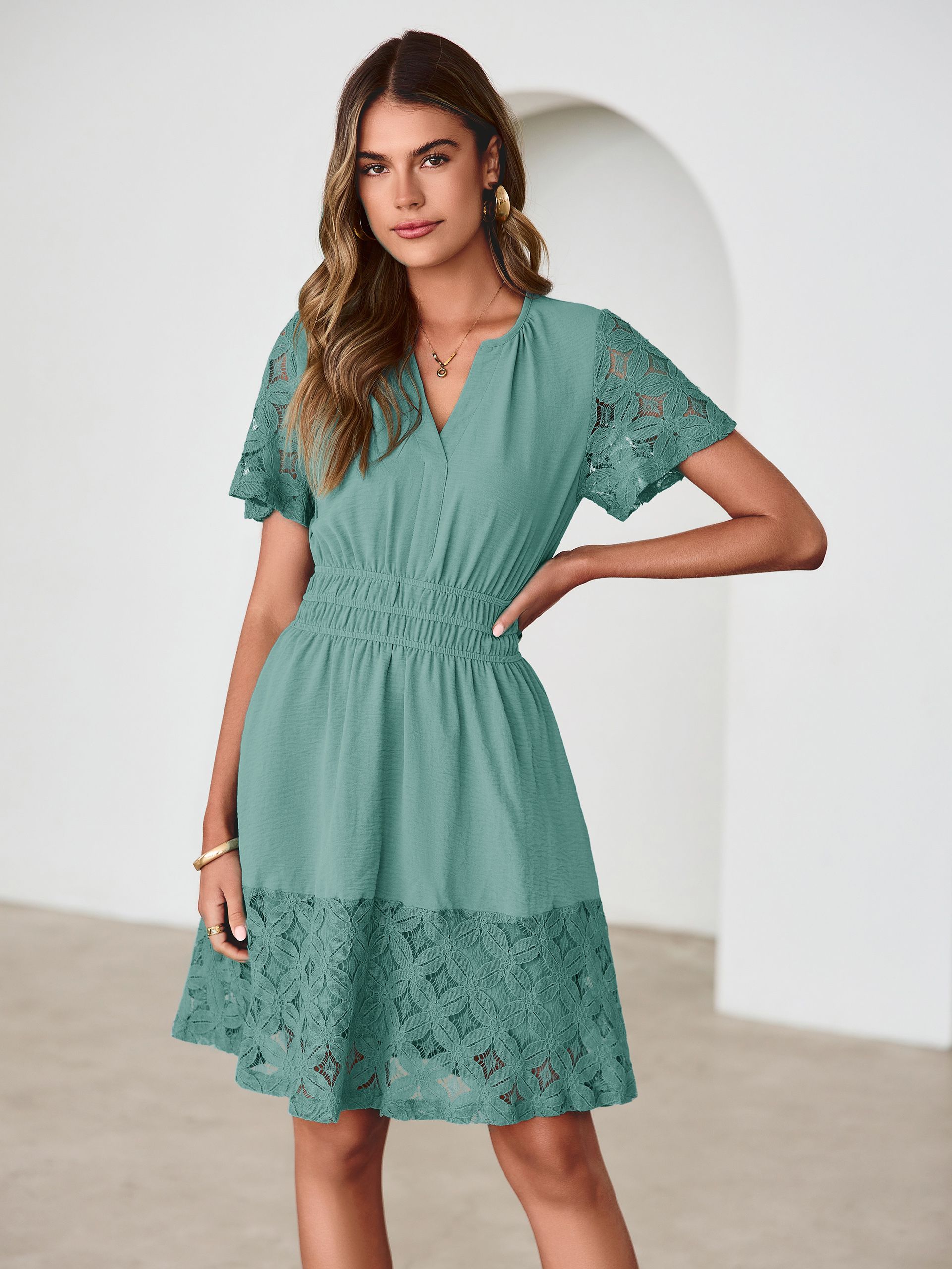 V Neck Crochet Lace Smocked Waist Mini Dress - Teal