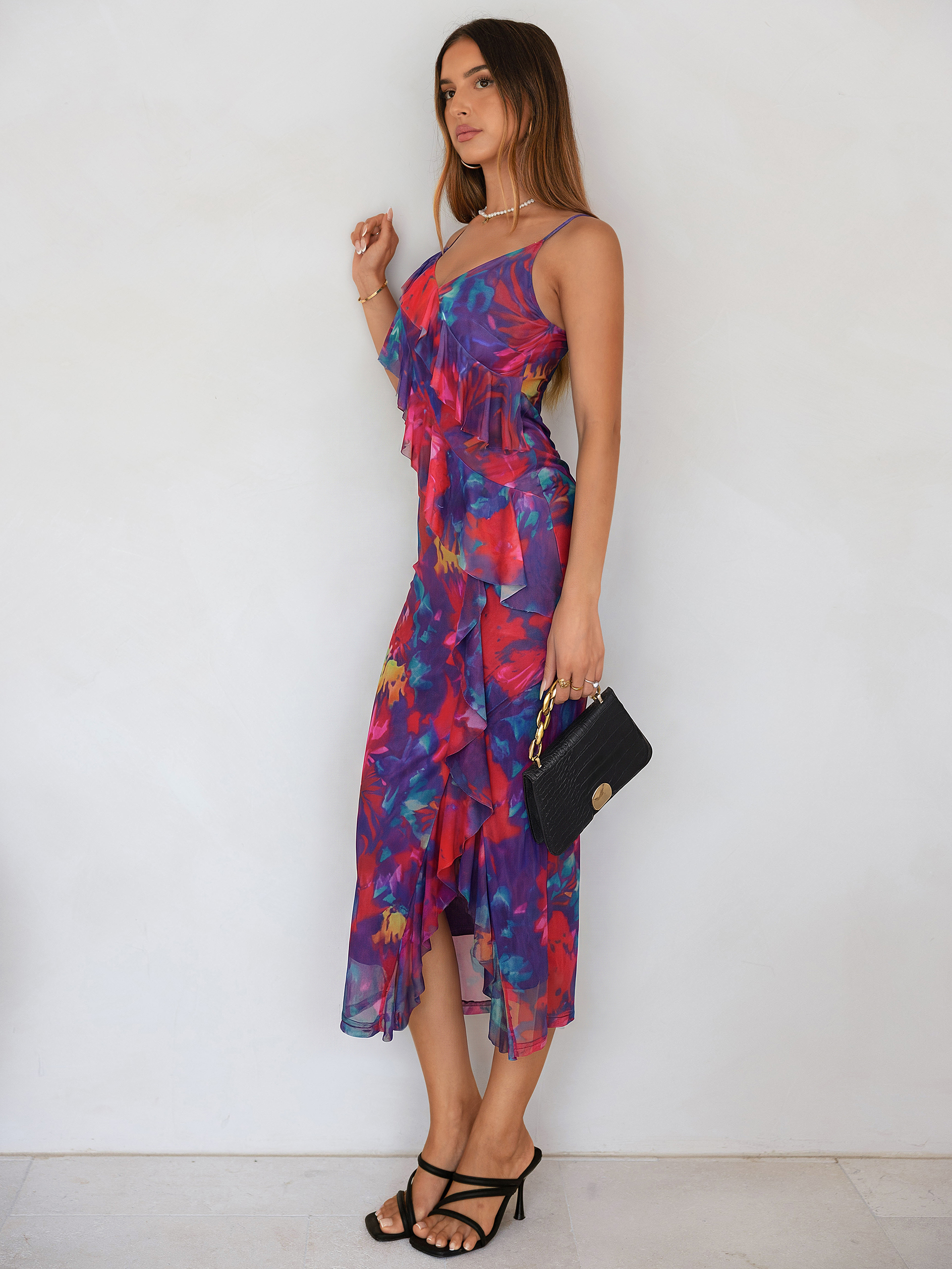 Floral V Neck Ruffle Mesh Maxi Dress with Slit
