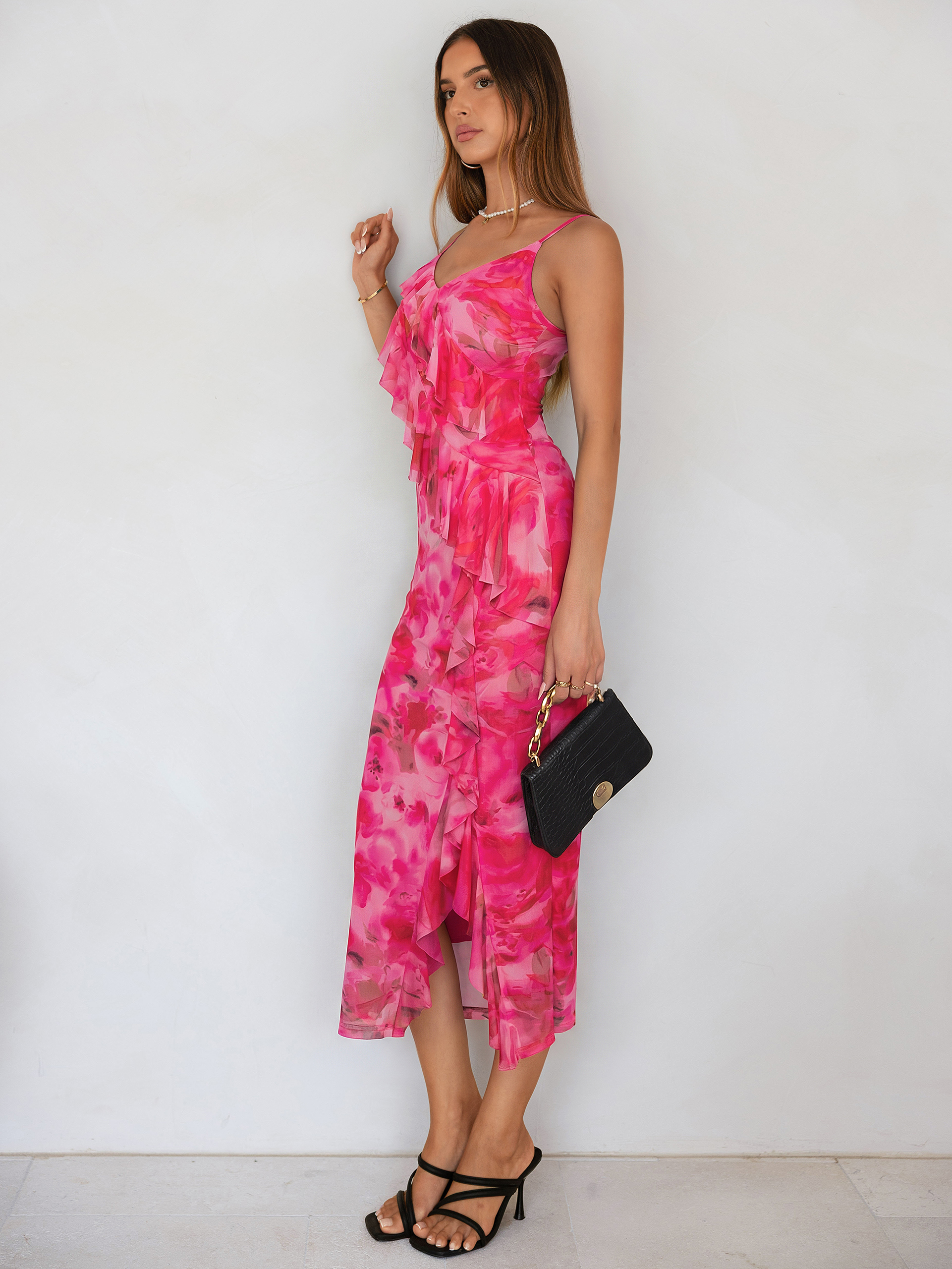 Floral V Neck Ruffle Mesh Maxi Dress with Slit