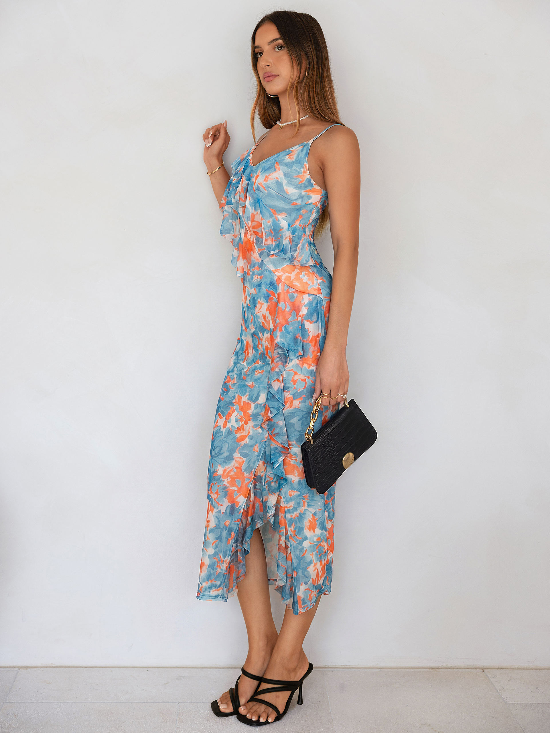 Floral V Neck Ruffle Mesh Maxi Dress with Slit