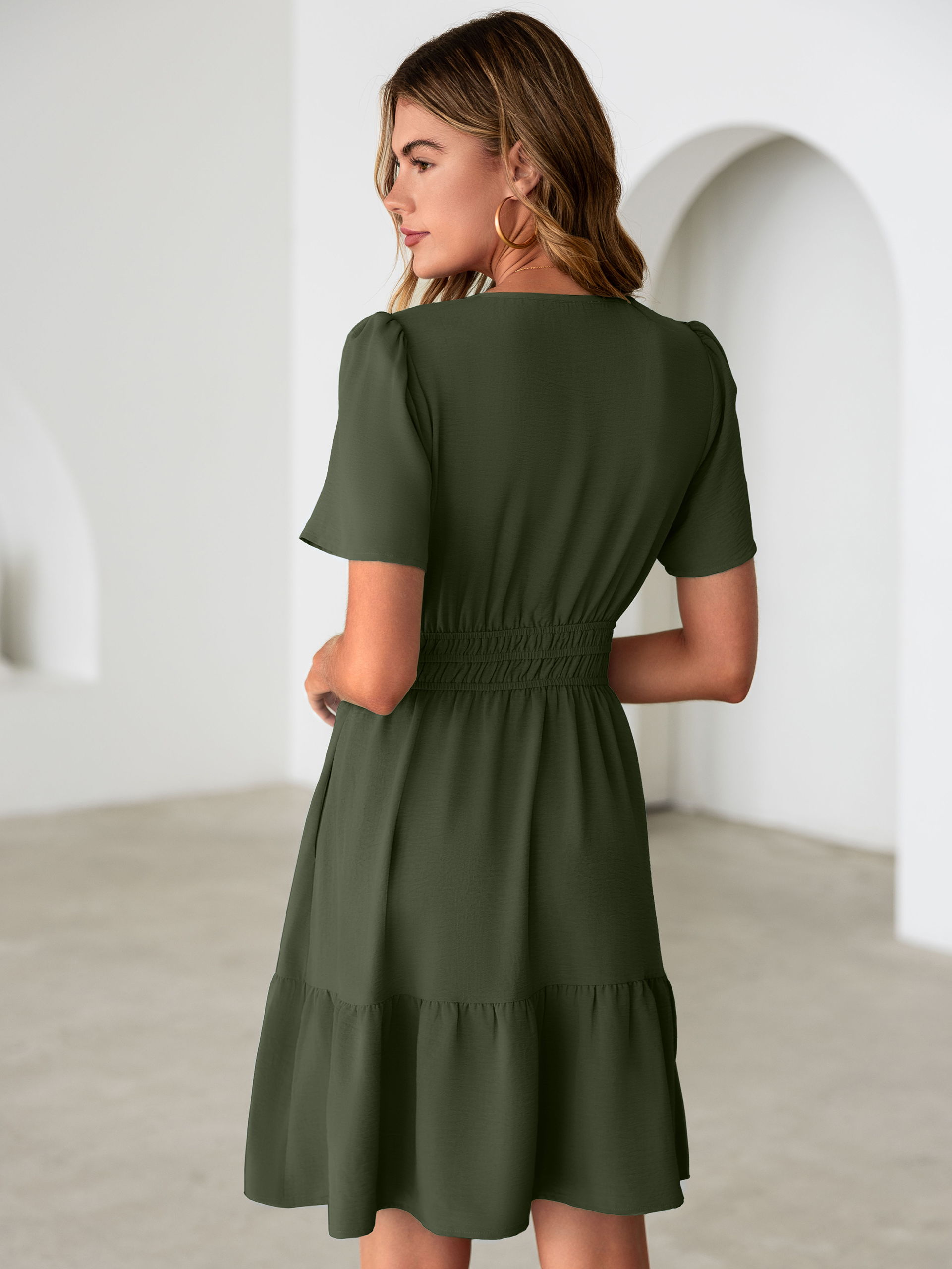 V Neck Smocked Waist Ruffle Hem Mini Dress