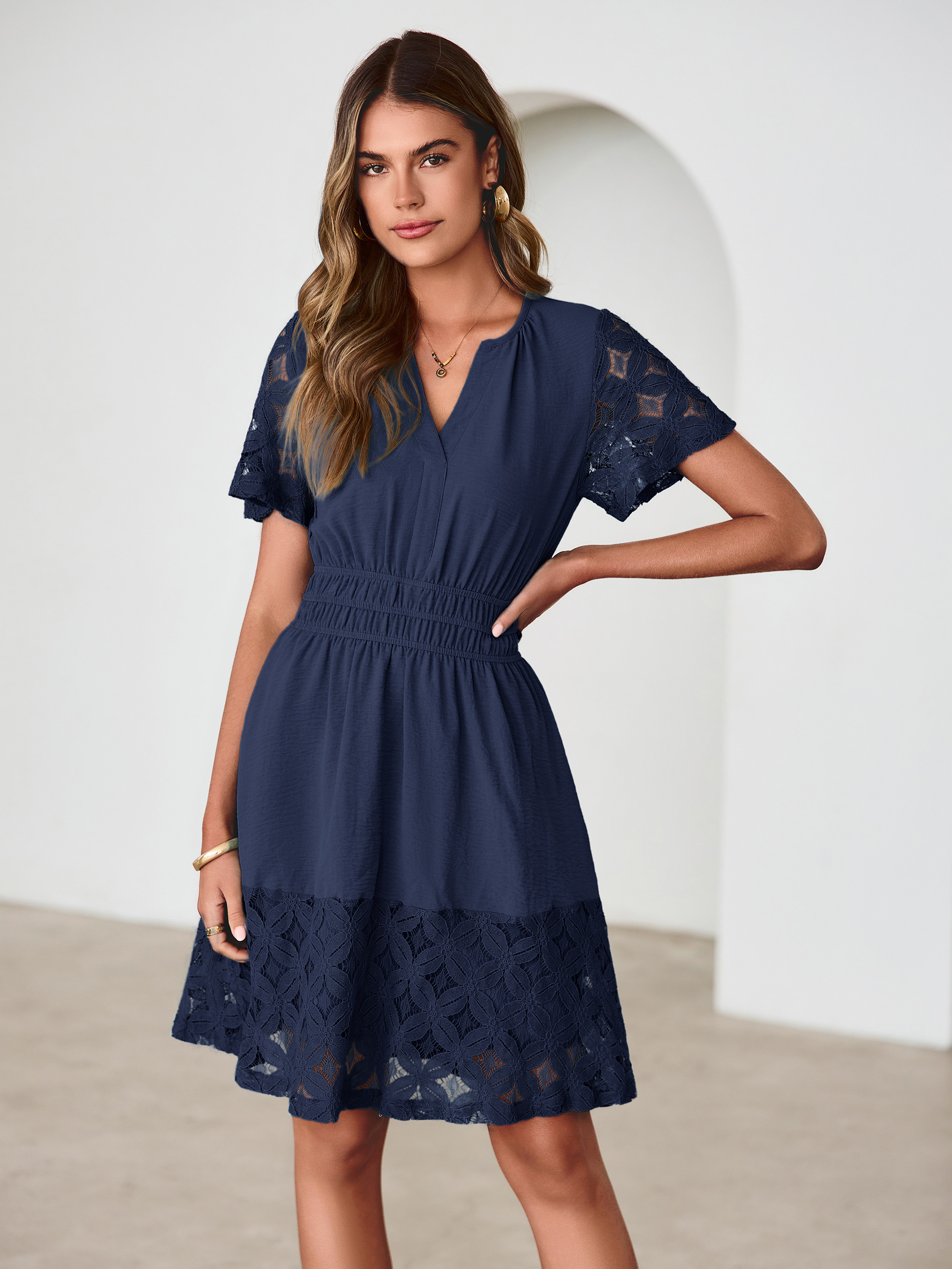 V Neck Crochet Lace Smocked Waist Mini Dress - Navy Blue
