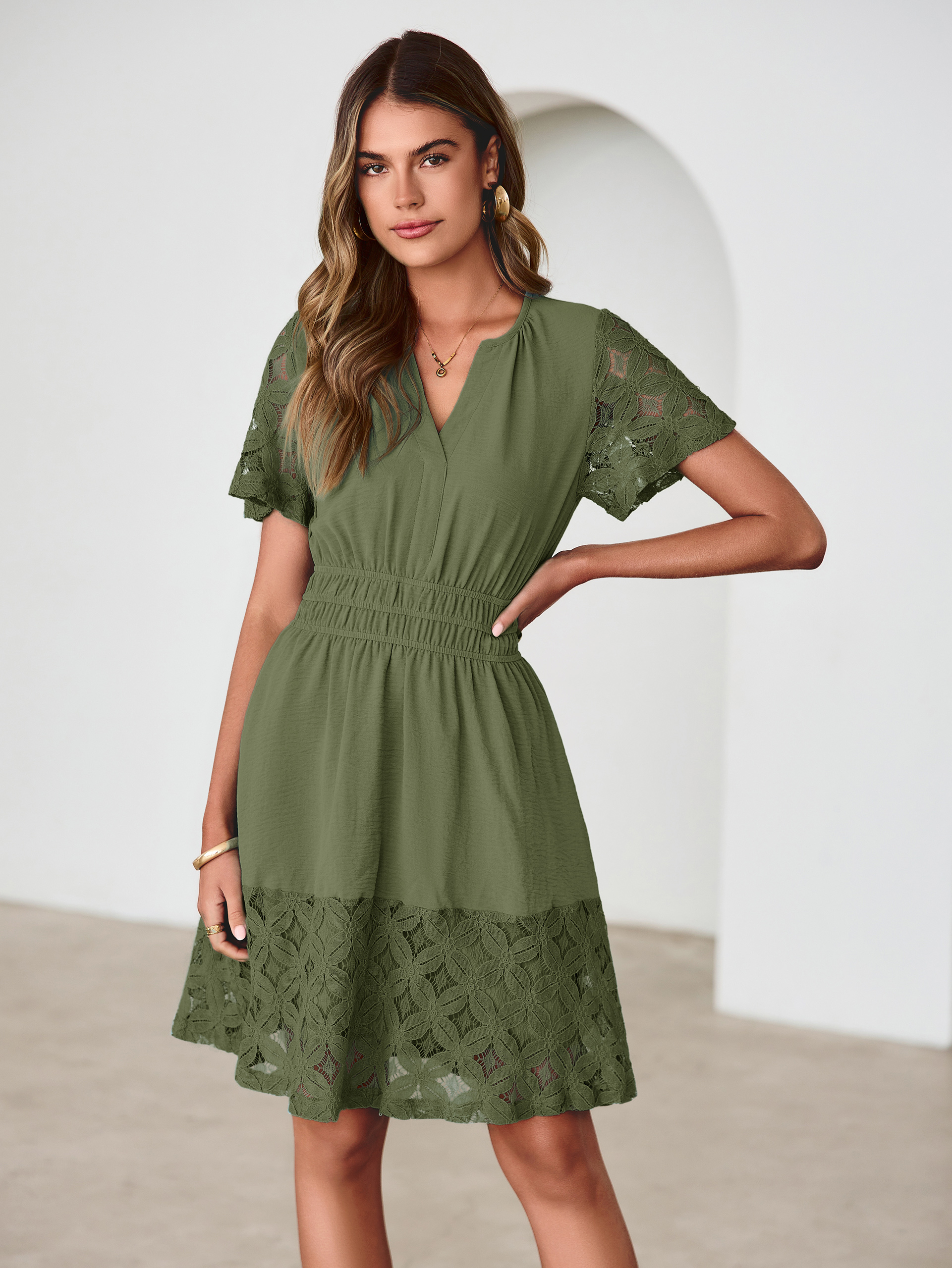 V Neck Crochet Lace Smocked Waist Mini Dress - Army Green