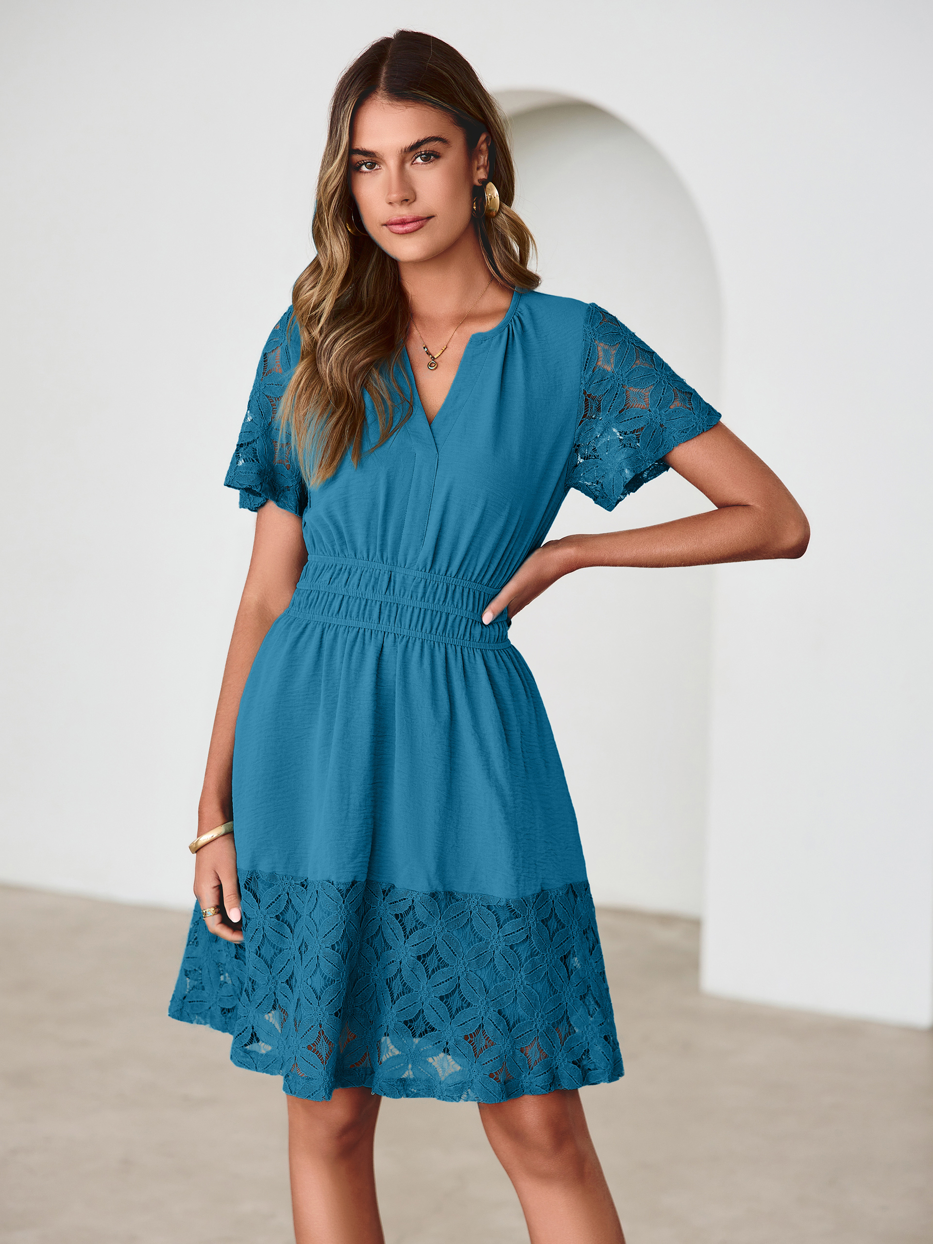 V Neck Crochet Lace Smocked Waist Mini Dress - Lake Blue