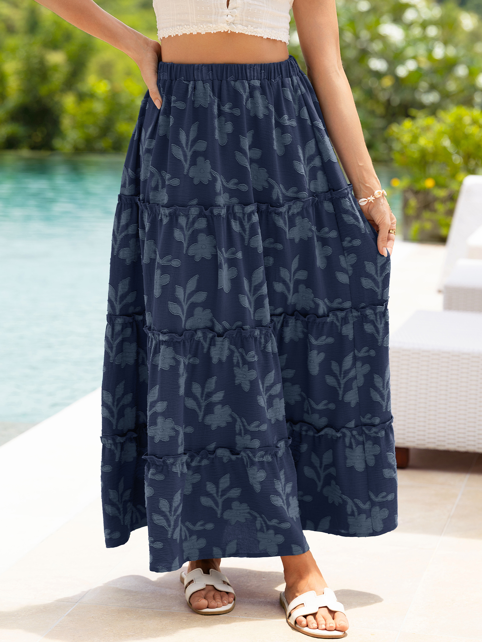Floral Burnout High Waist Tiered Maxi Skirt