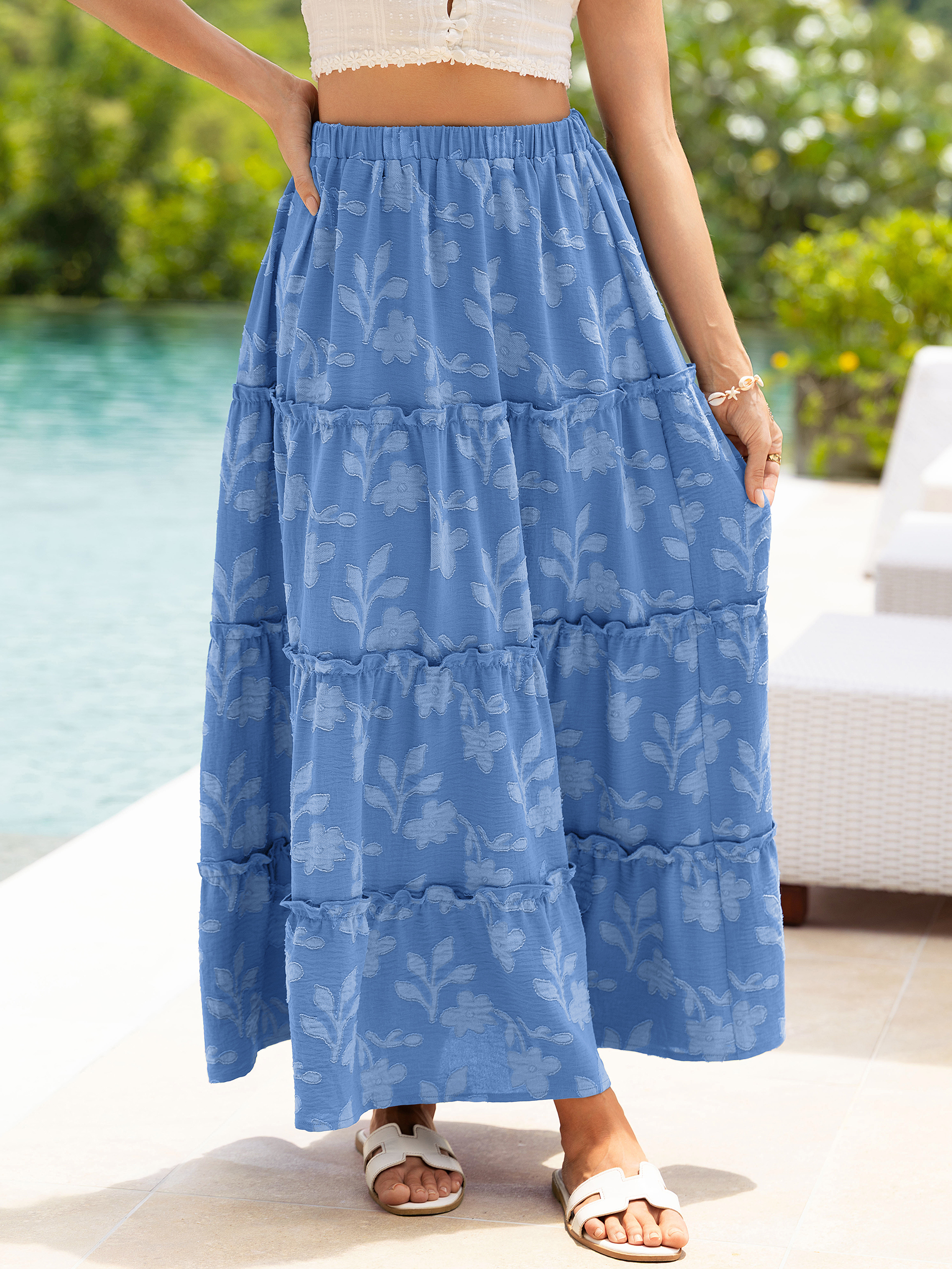 Floral Burnout High Waist Tiered Maxi Skirt