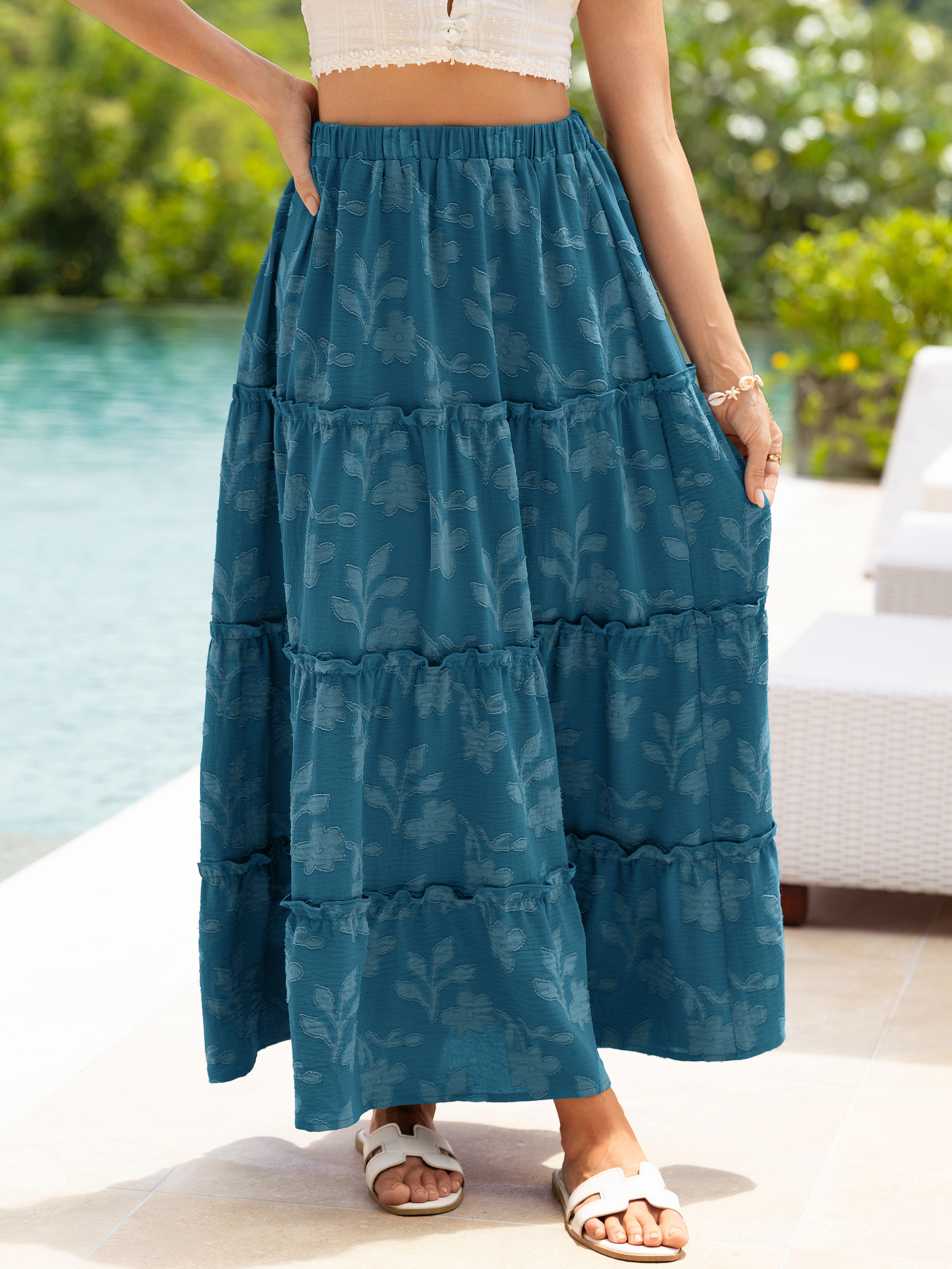 Floral Burnout High Waist Tiered Maxi Skirt