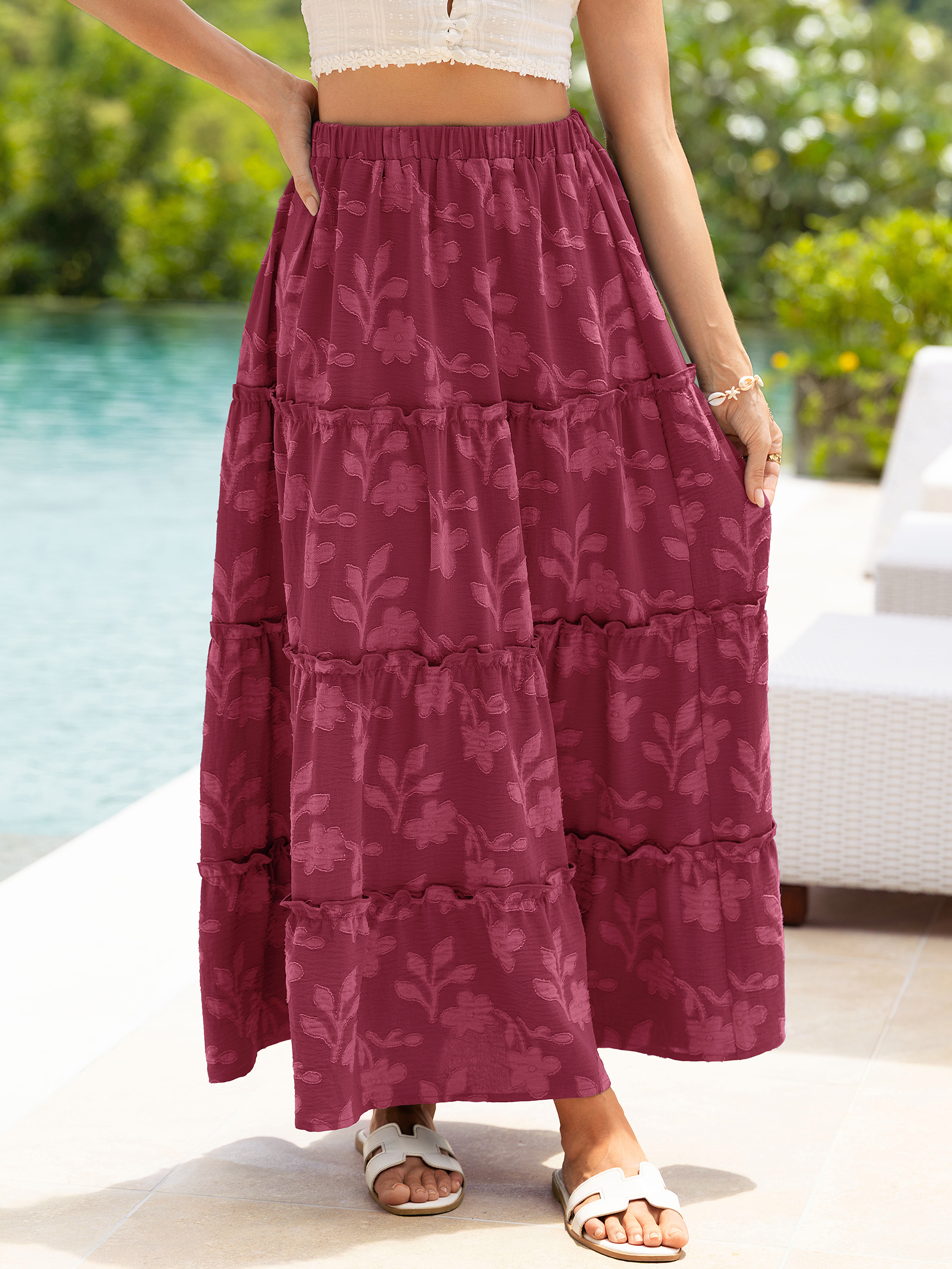 Floral Burnout High Waist Tiered Maxi Skirt