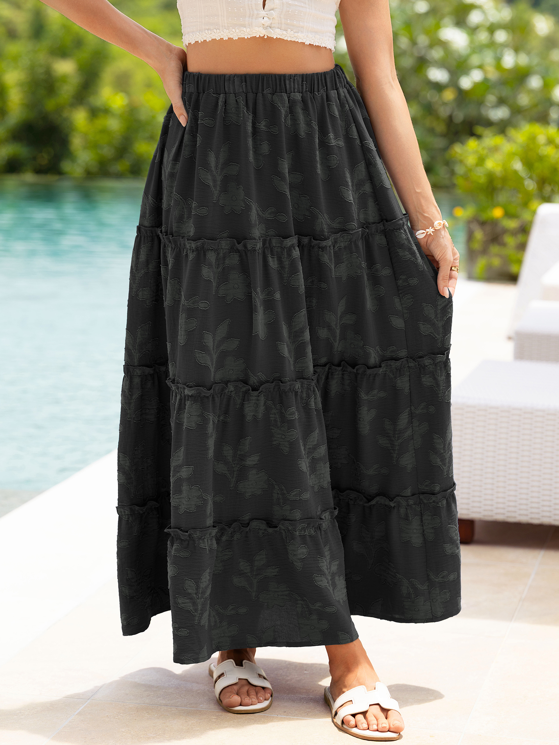 Floral Burnout High Waist Tiered Maxi Skirt