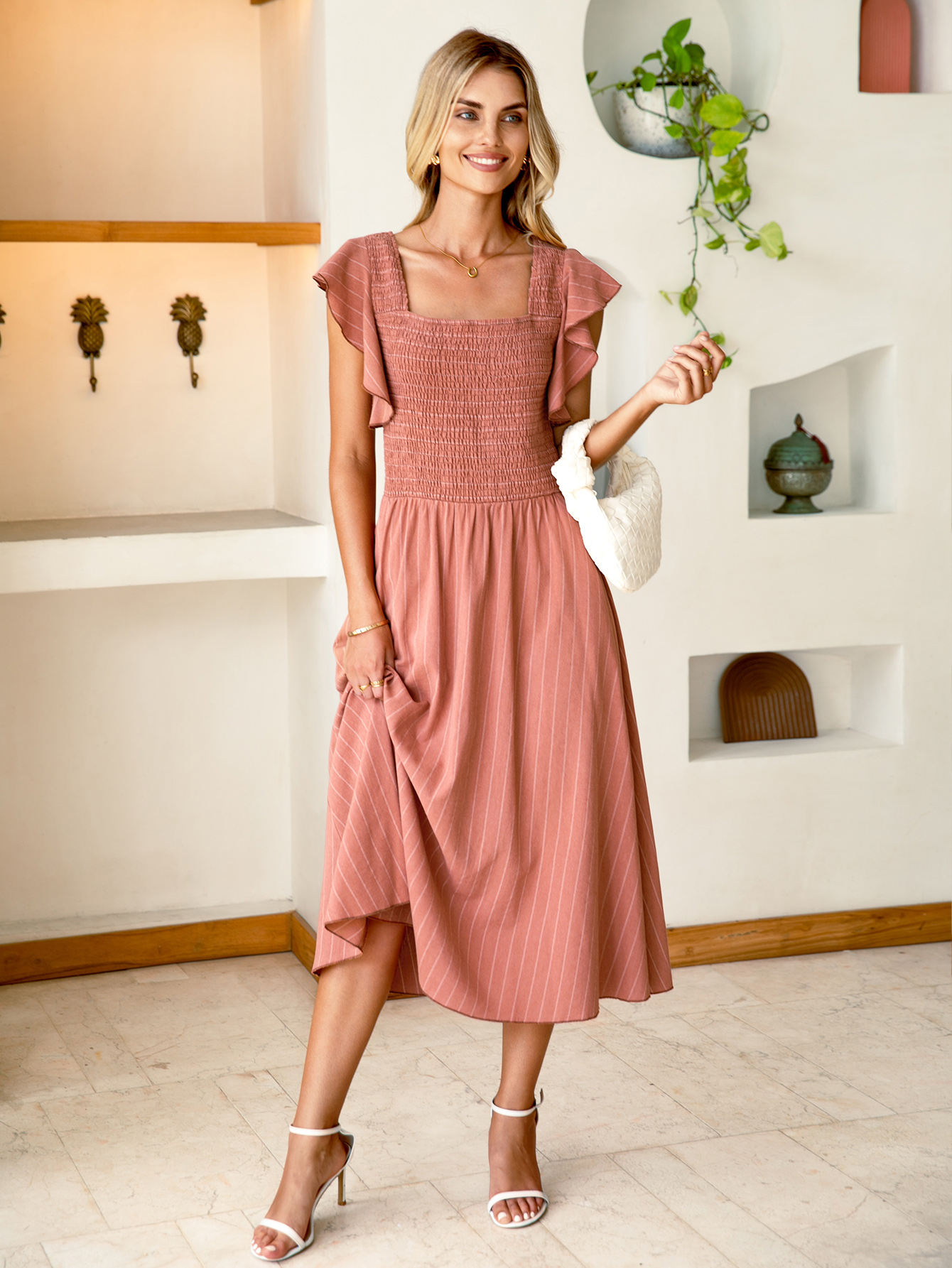 Ruffle Sleeve Smocked Square Neck Striped Midi Dress