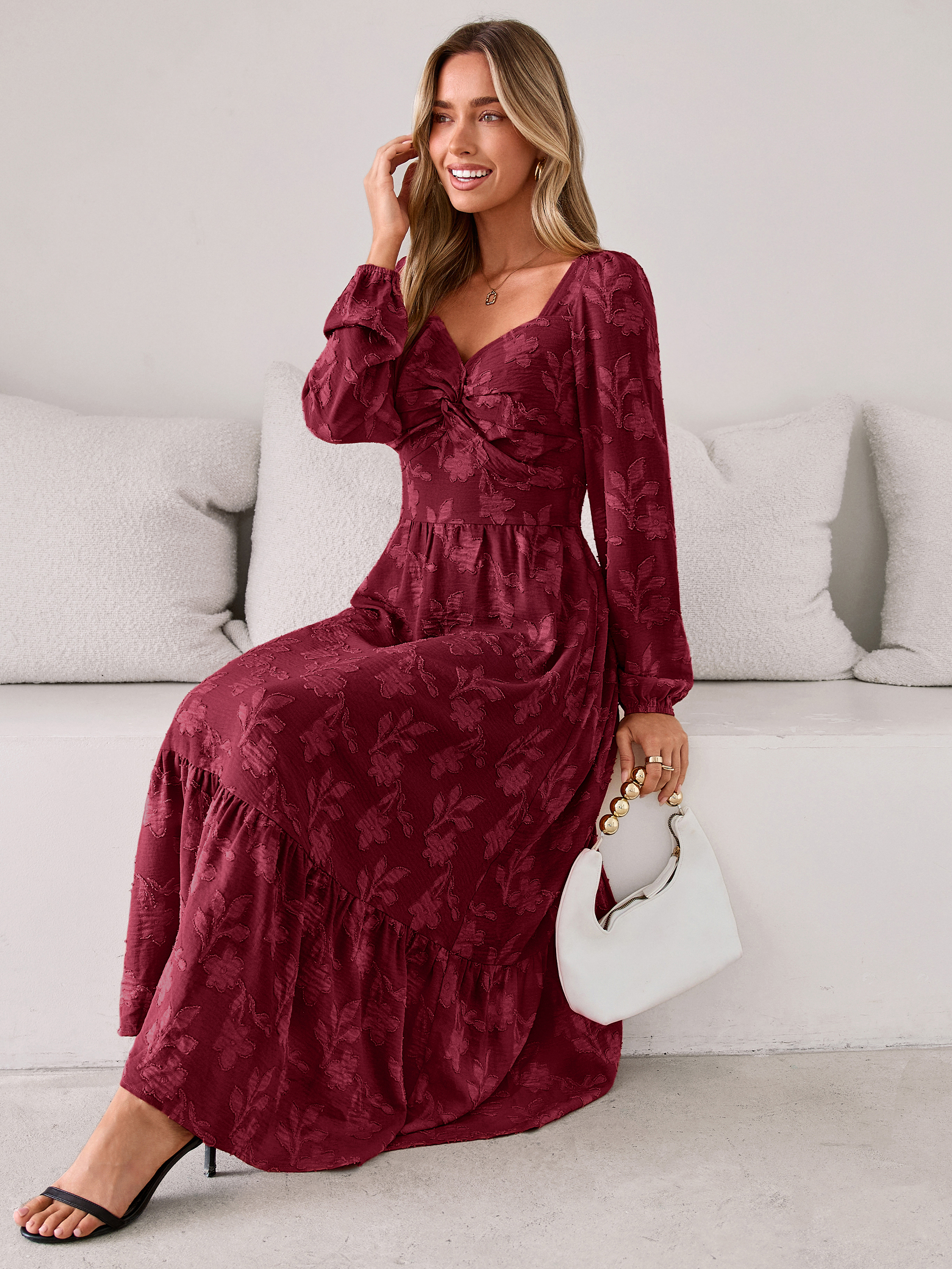 Burnout Floral Print Twist Front Long Sleeve Maxi Dress