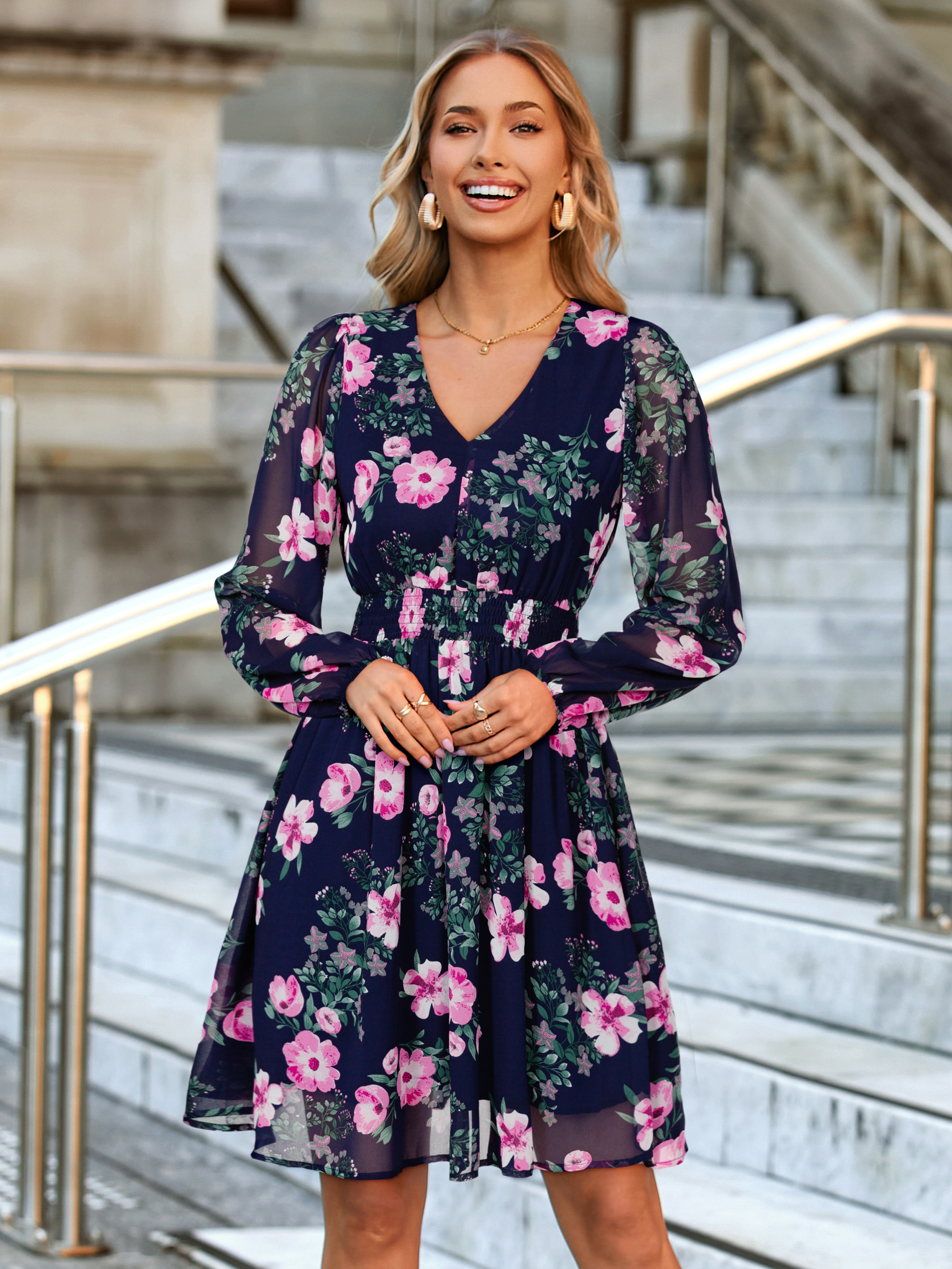 Boho Flowy Floral Chiffon Wedding Guest Mini Dress - Blue Pink Floral