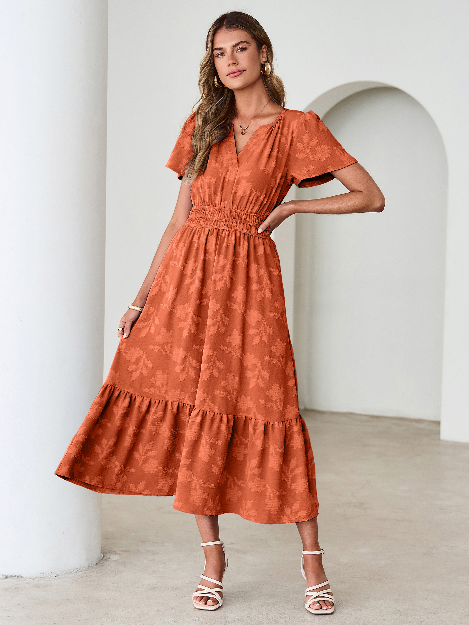 V Neck Burnout Floral Ruffle Maxi Dress