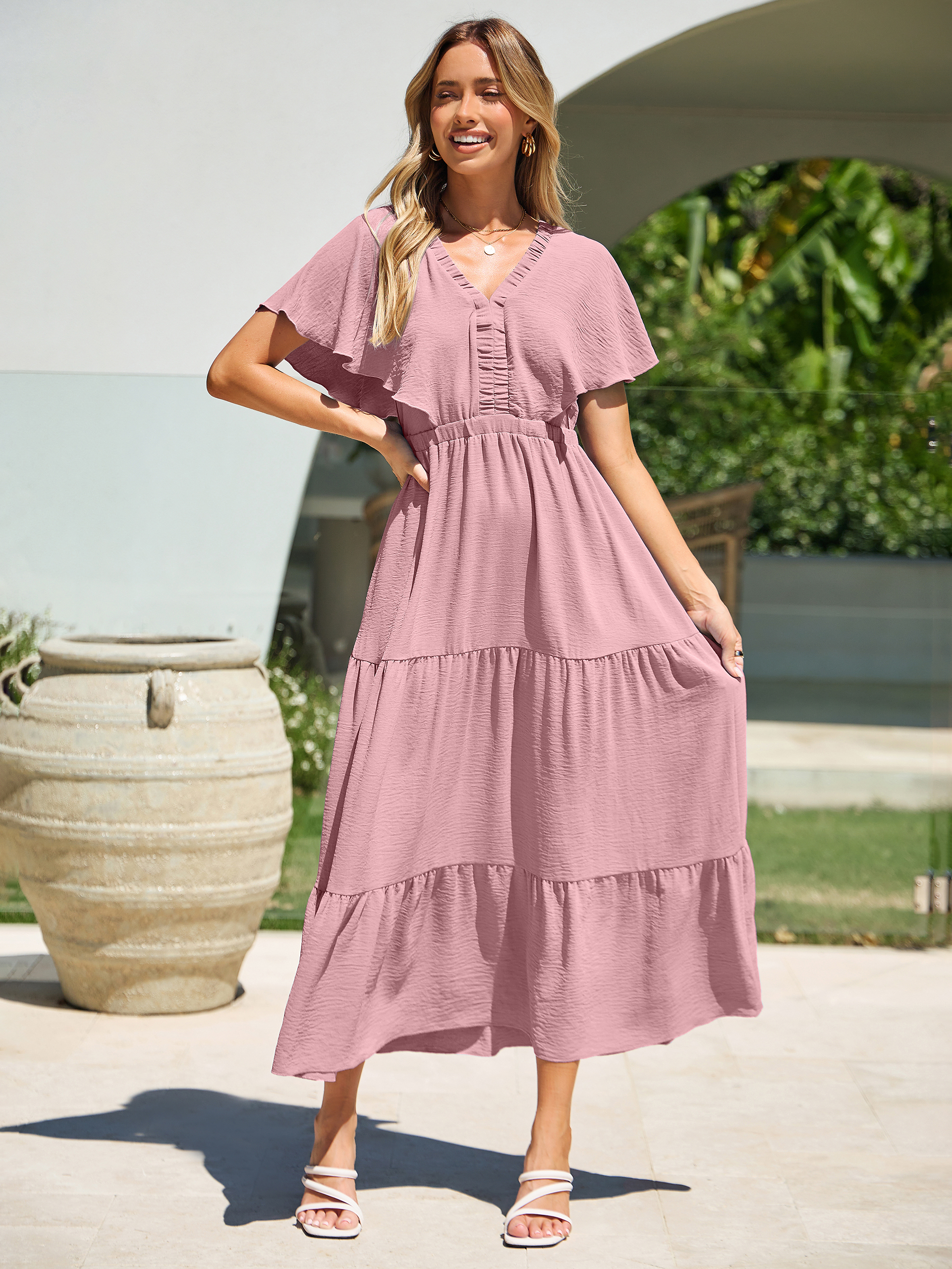 Solid Color Tiered V-Neck Ruffle Sleeve Maxi Dress