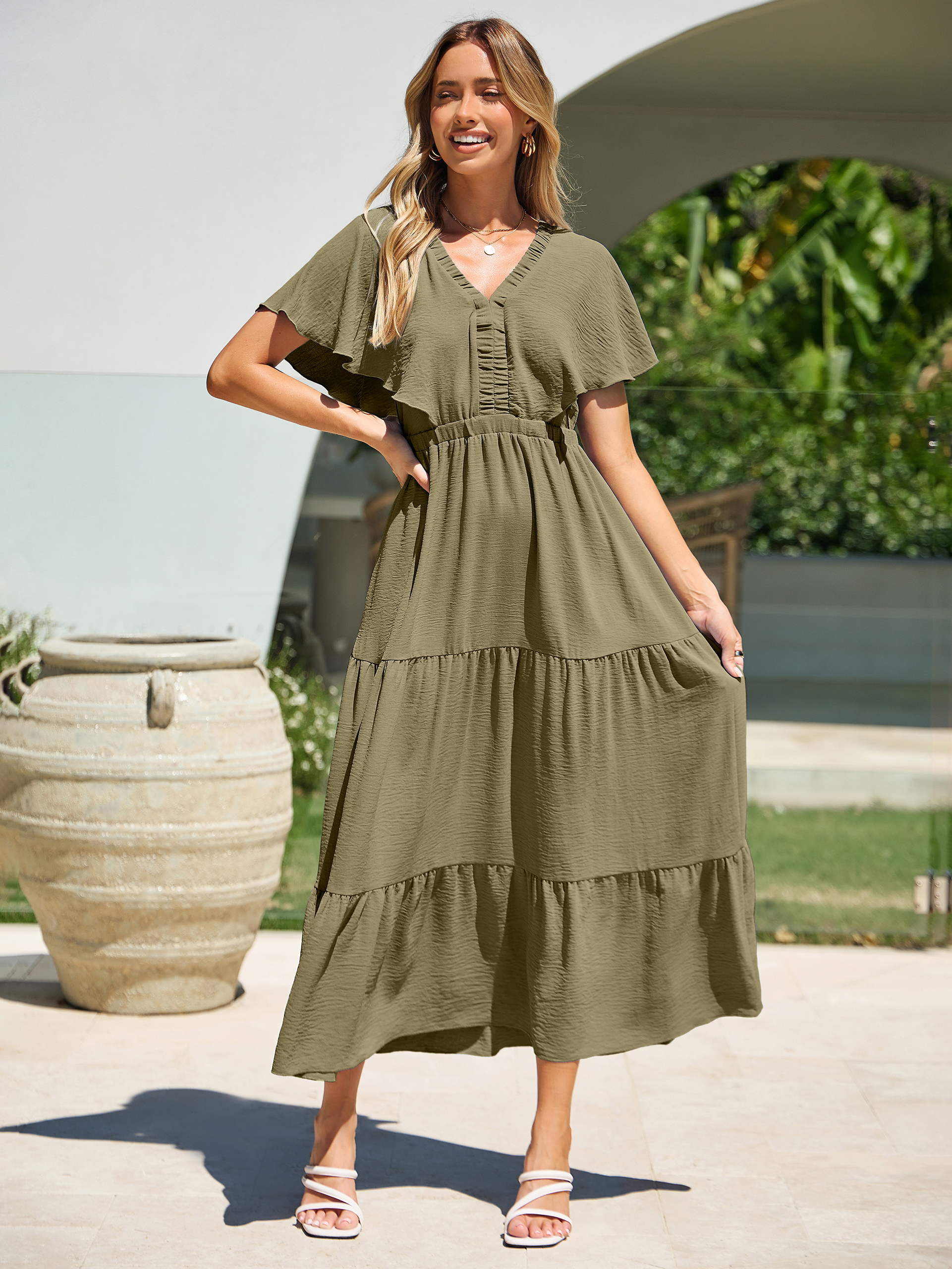 Solid Color Tiered V-Neck Ruffle Sleeve Maxi Dress