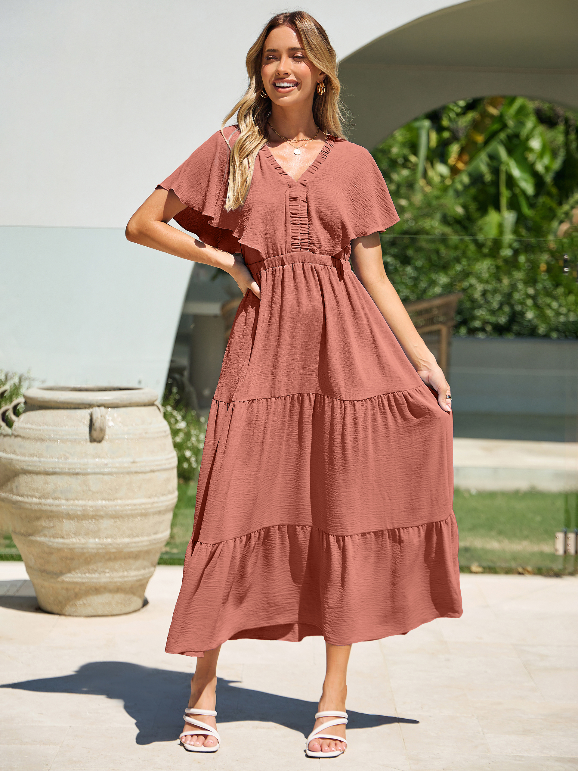 Solid Color Tiered V-Neck Ruffle Sleeve Maxi Dress