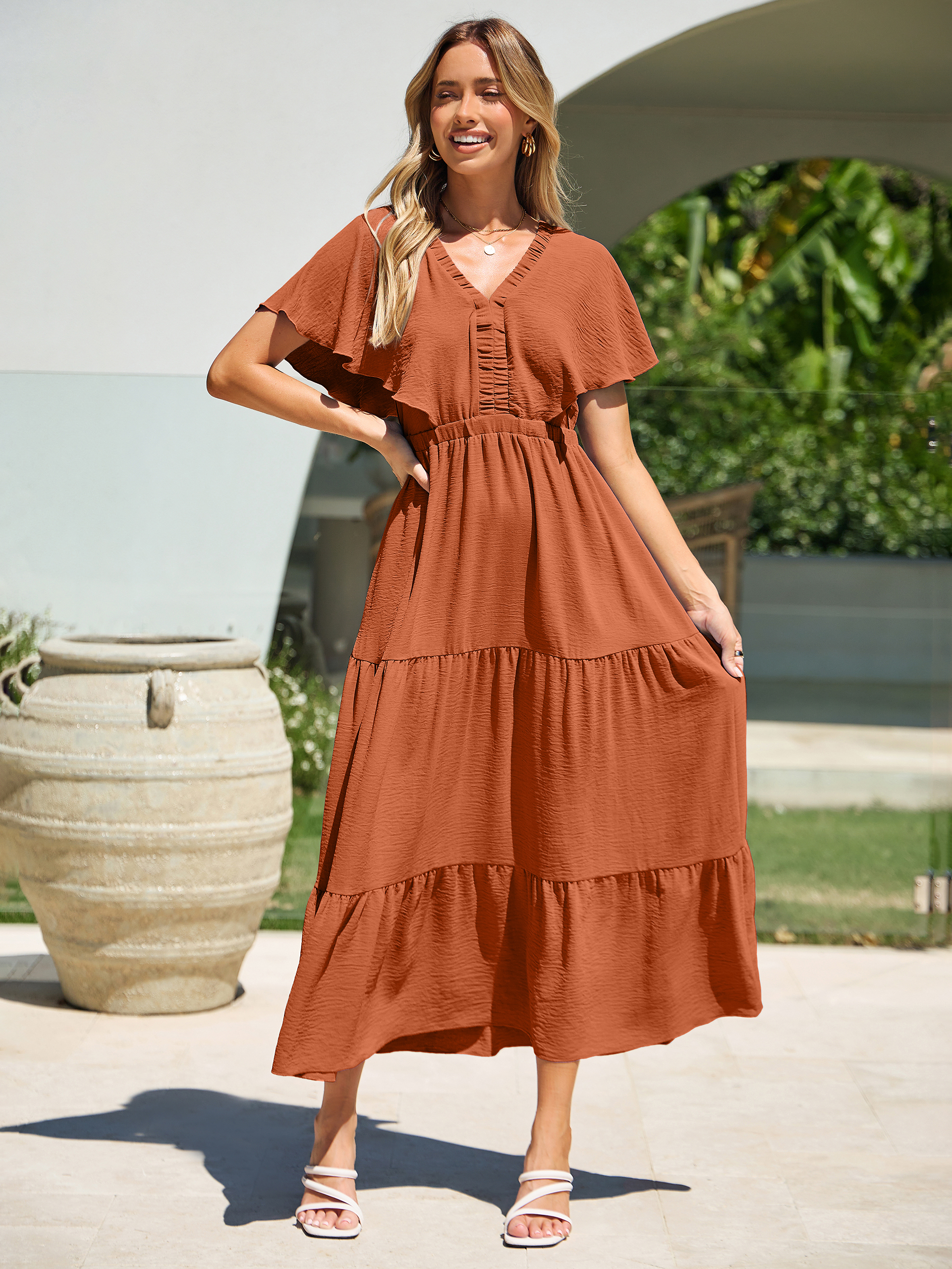 Solid Color Tiered V-Neck Ruffle Sleeve Maxi Dress