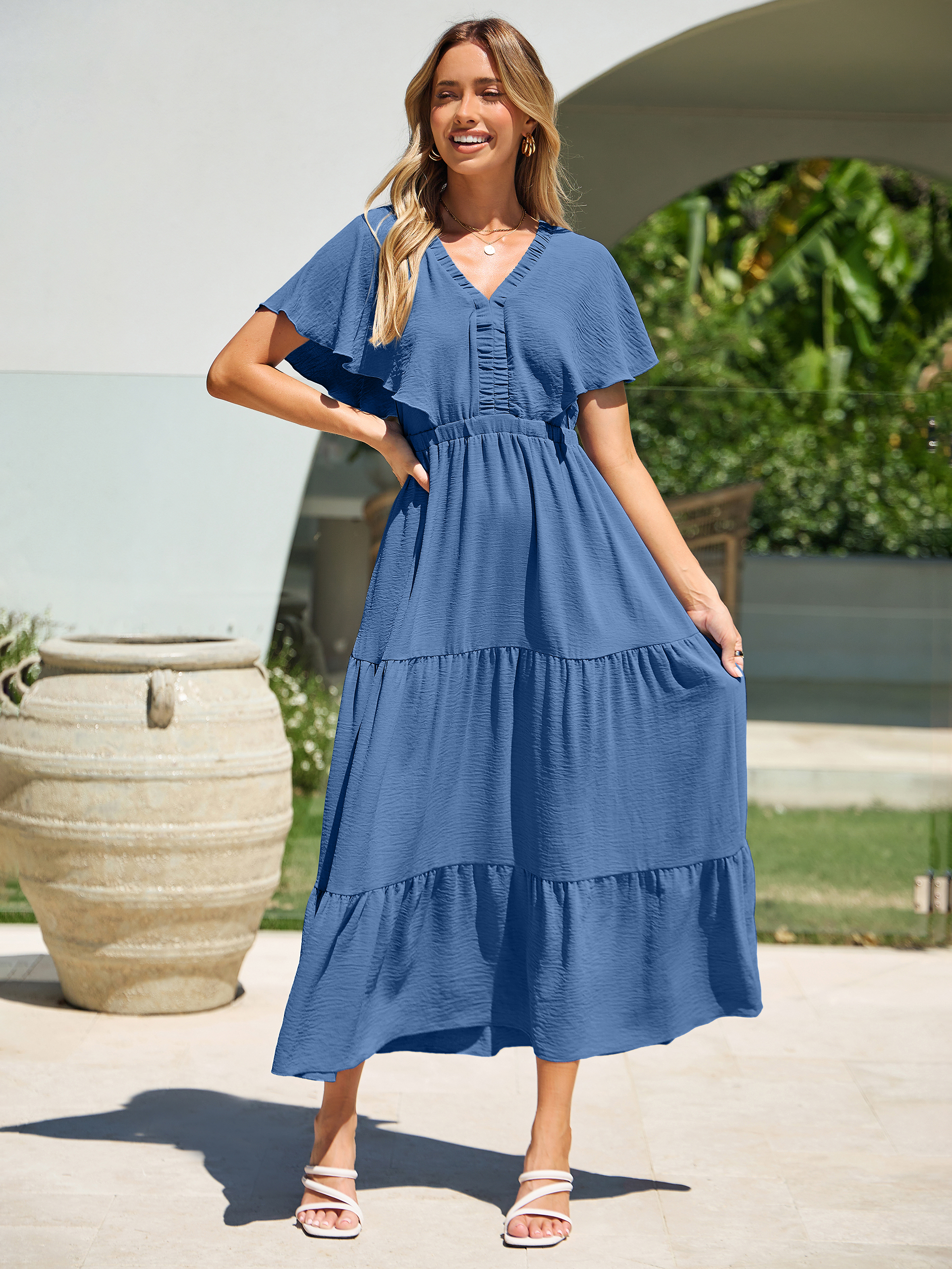 Solid Color Tiered V-Neck Ruffle Sleeve Maxi Dress