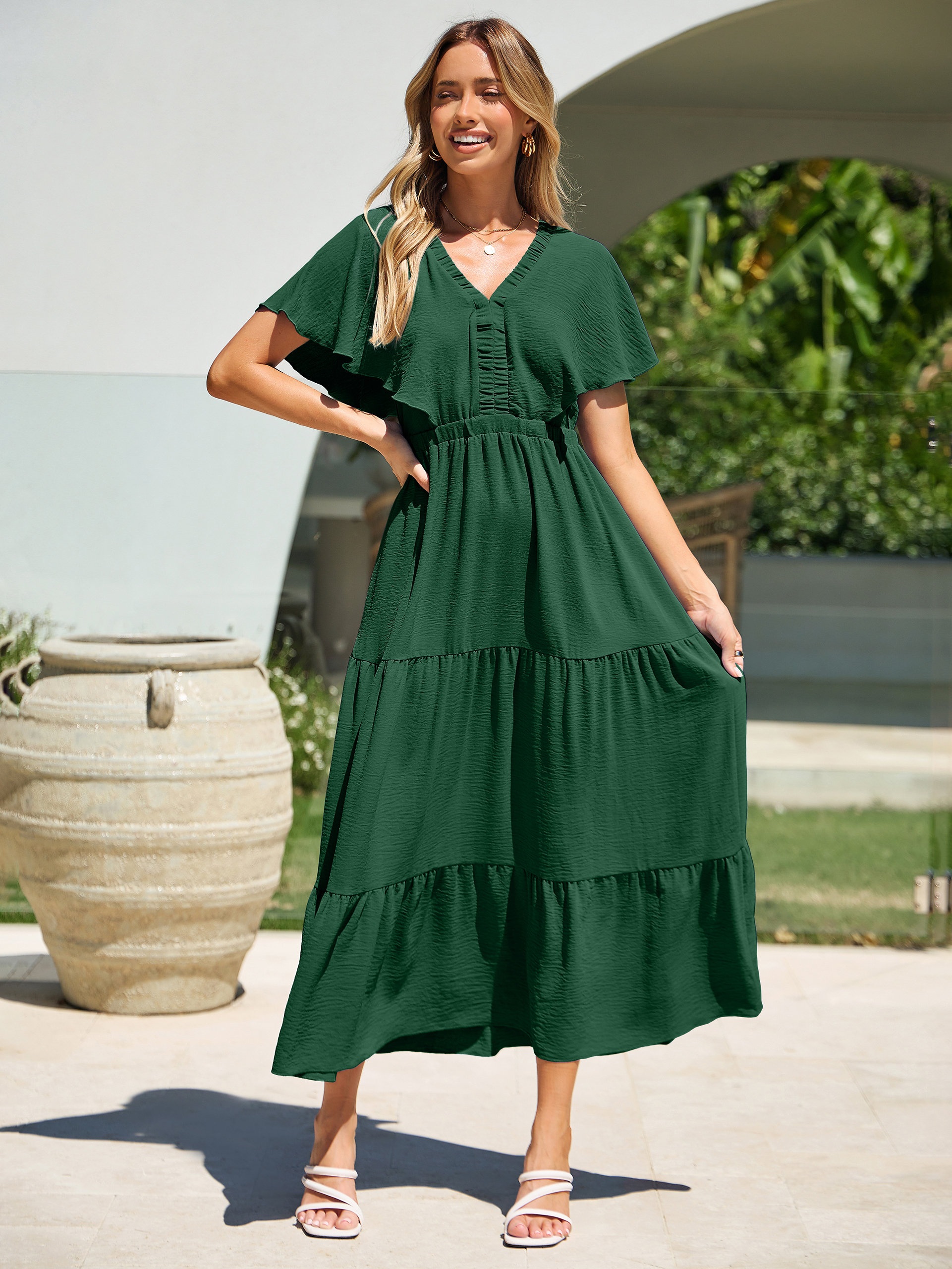 Solid Color Tiered V-Neck Ruffle Sleeve Maxi Dress