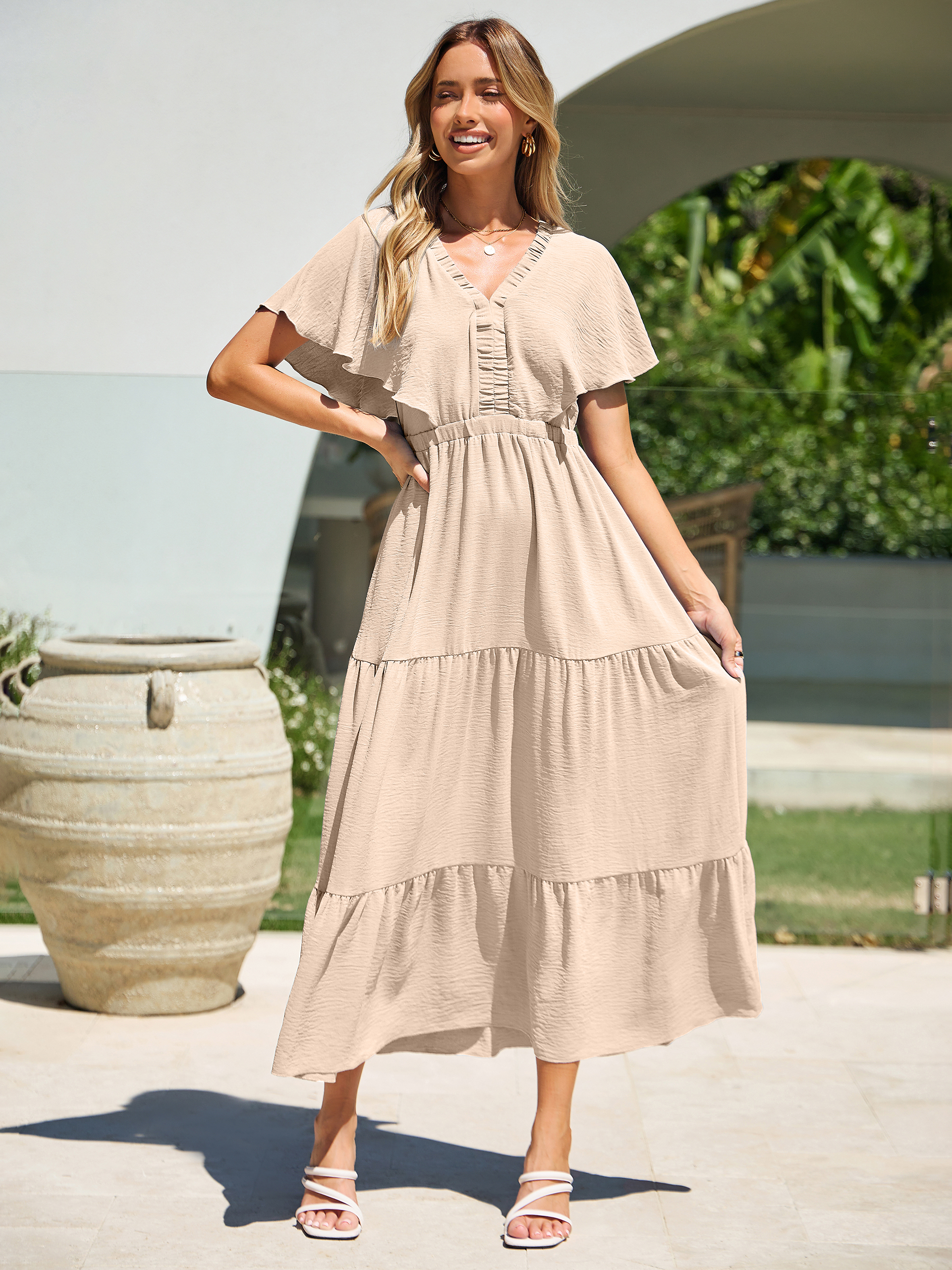 Solid Color Tiered V-Neck Ruffle Sleeve Maxi Dress