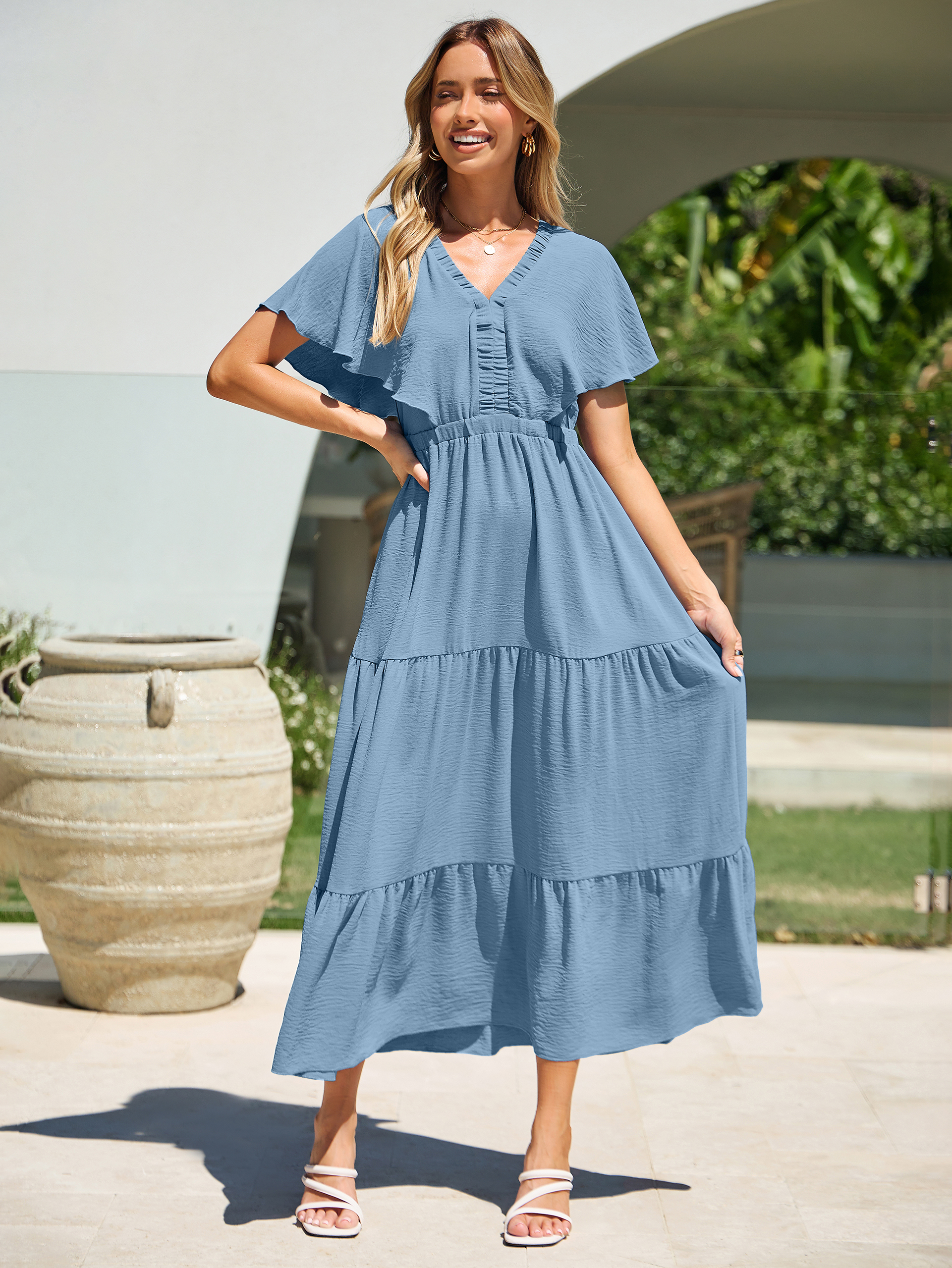 Solid Color Tiered V-Neck Ruffle Sleeve Maxi Dress