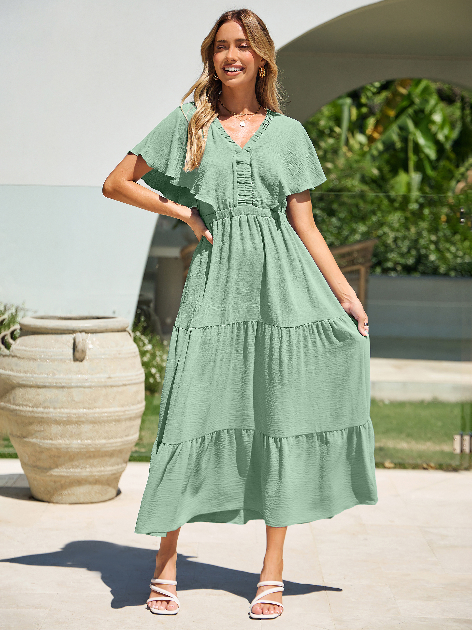 Solid Color Tiered V-Neck Ruffle Sleeve Maxi Dress