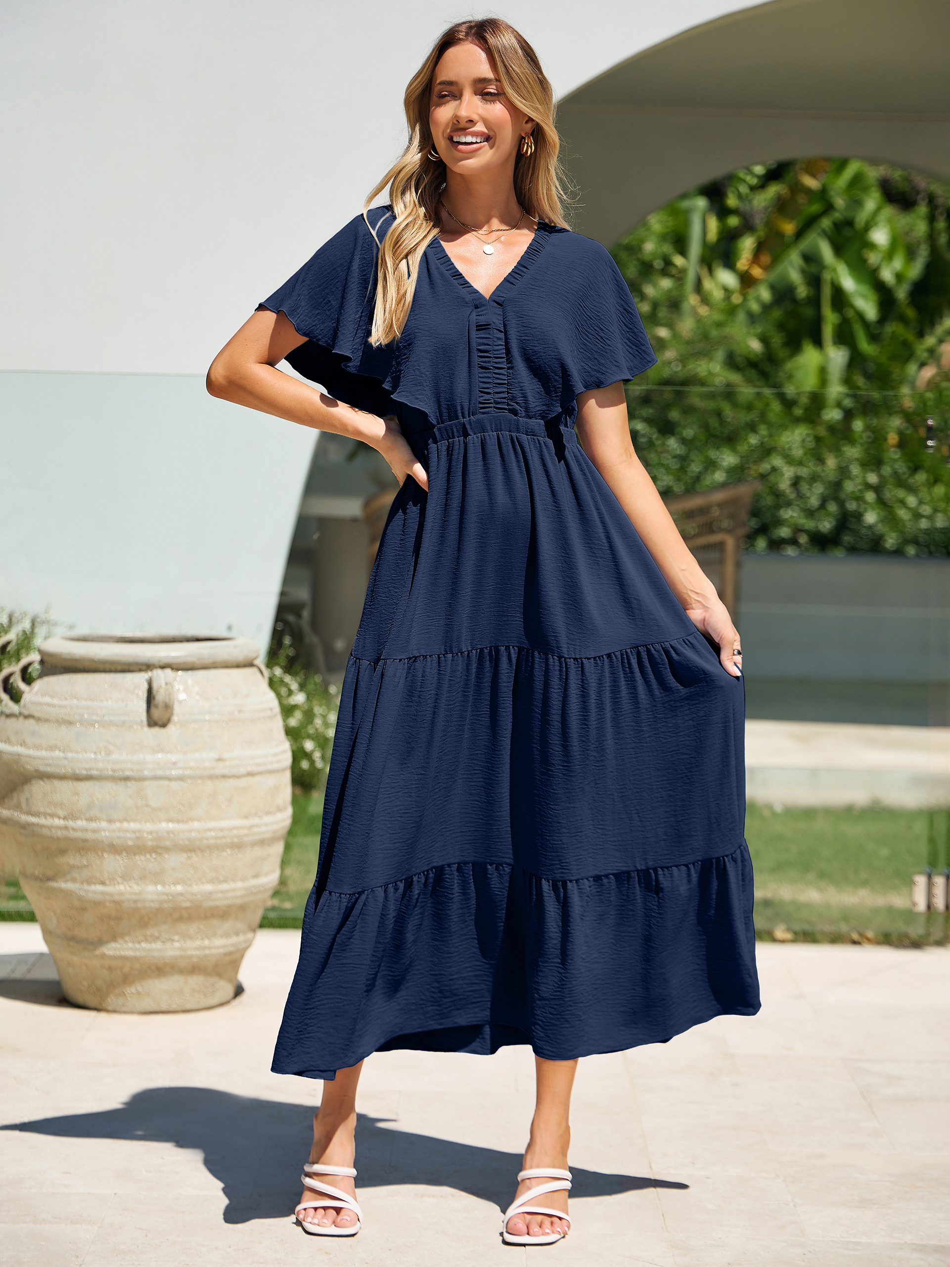Solid Color Tiered V-Neck Ruffle Sleeve Maxi Dress