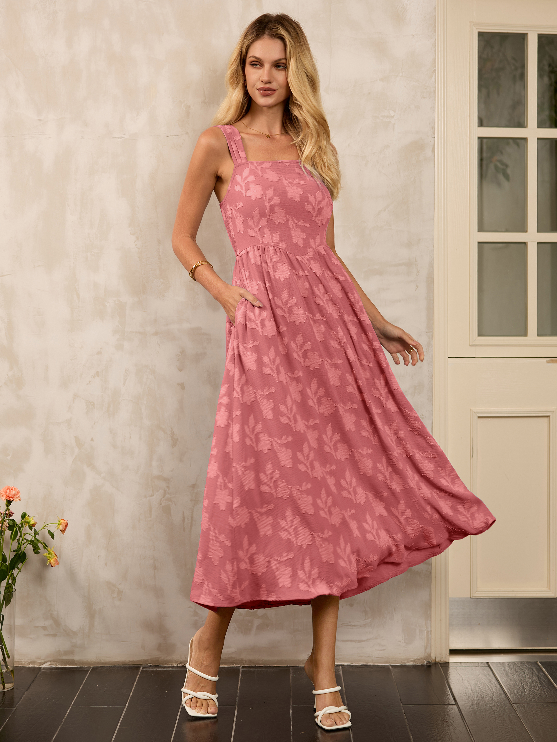 Square Neck Burnout Floral Tank Maxi Dress