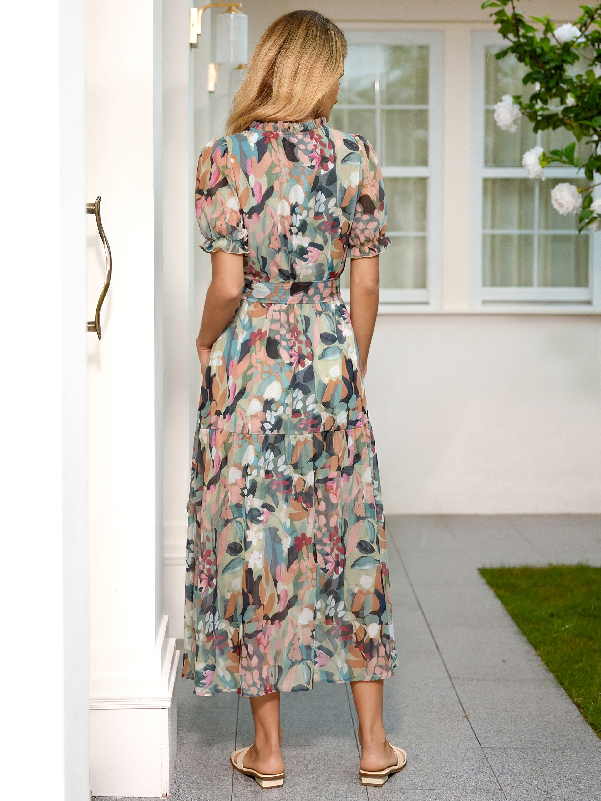 Floral Chiffon V Neck High Low Wrap Maxi Dress