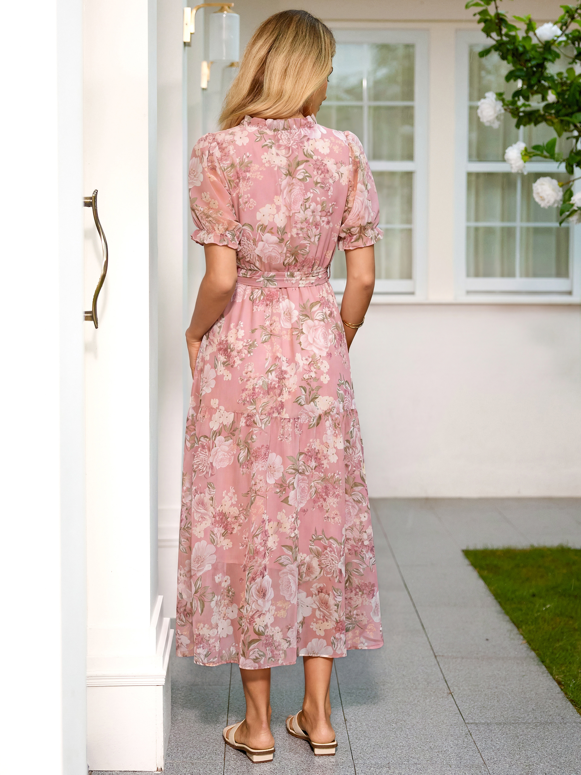 Floral Chiffon V Neck High Low Wrap Maxi Dress