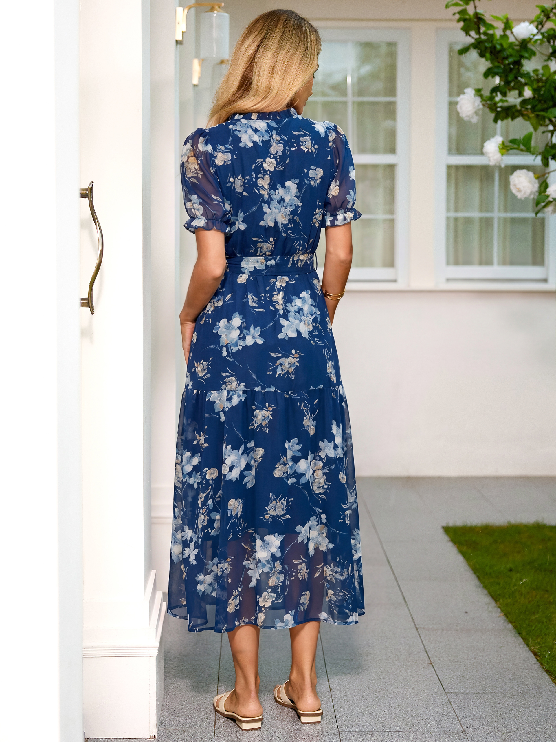 Floral Chiffon V Neck High Low Wrap Maxi Dress