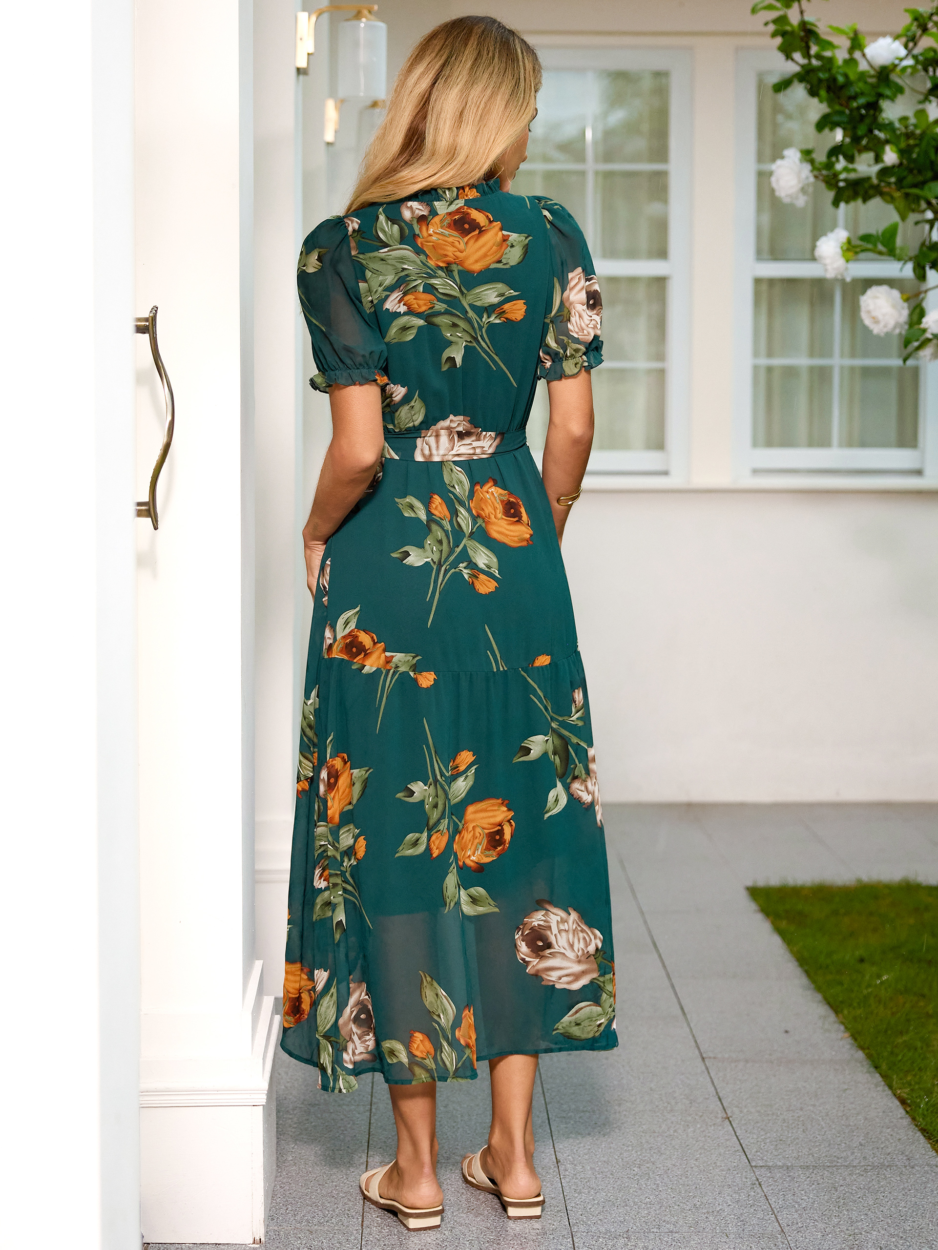 Floral Chiffon V Neck High Low Wrap Maxi Dress