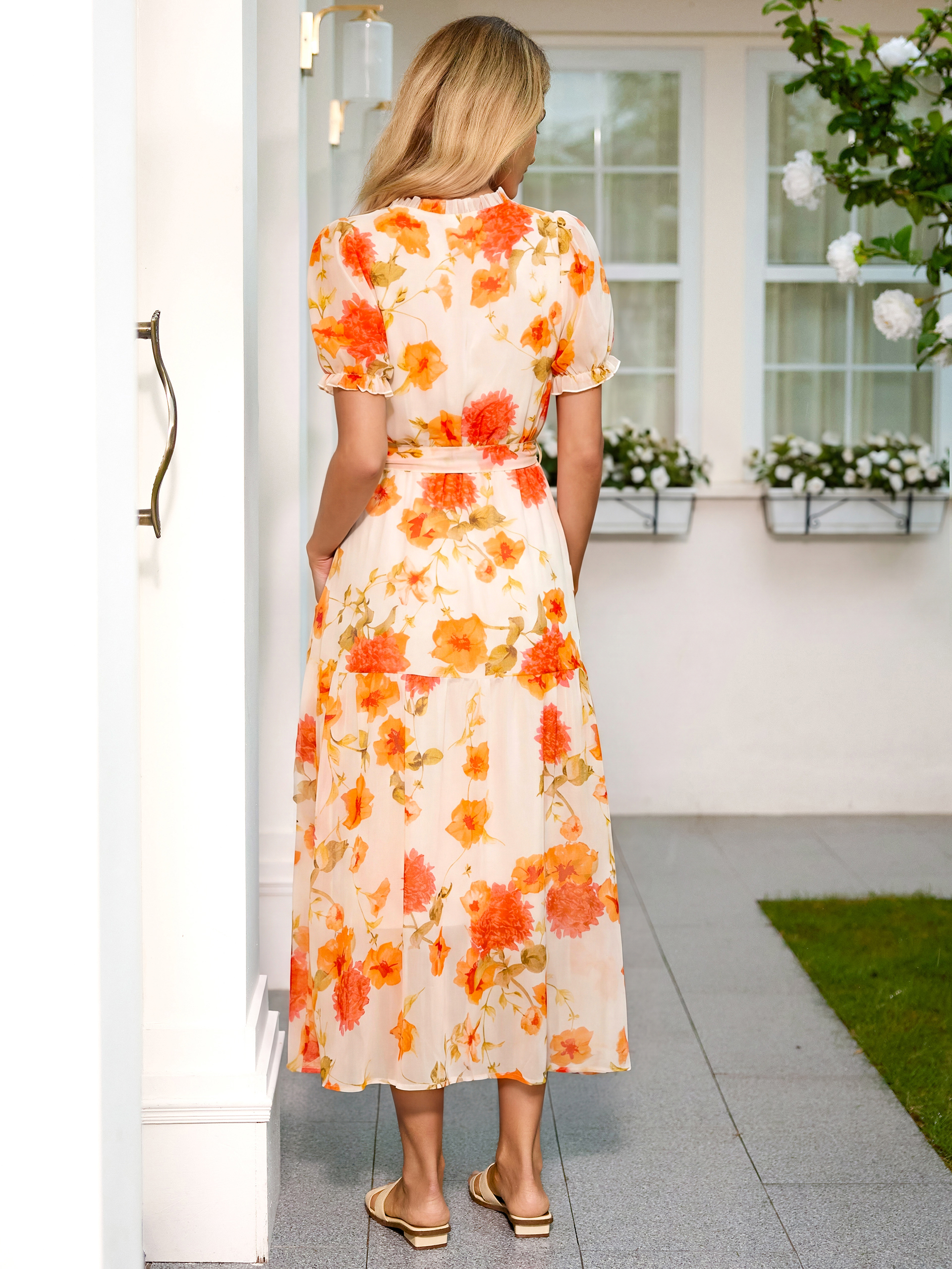 Floral Chiffon V Neck High Low Wrap Maxi Dress