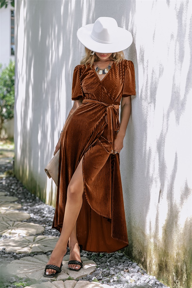 Velvet V-Neck Short Sleeve Belted Wrap Maxi Dress