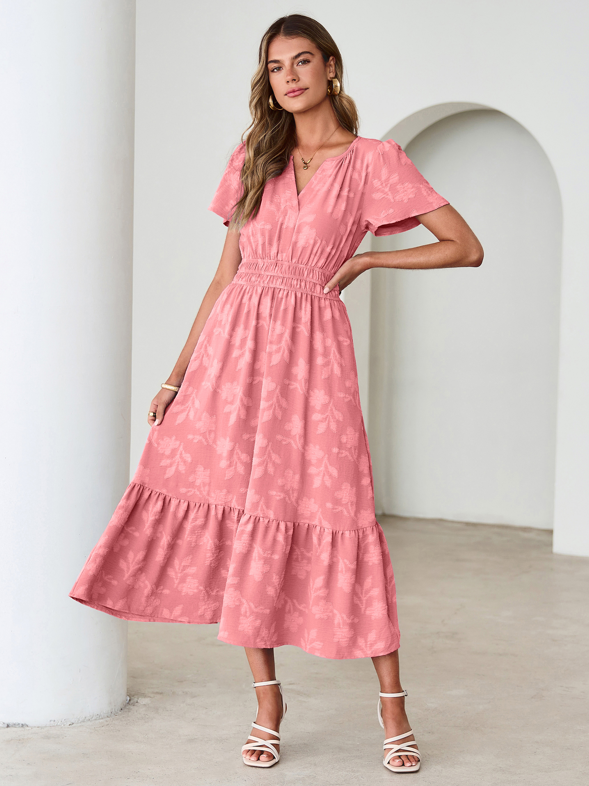 V Neck Burnout Floral Ruffle Maxi Dress