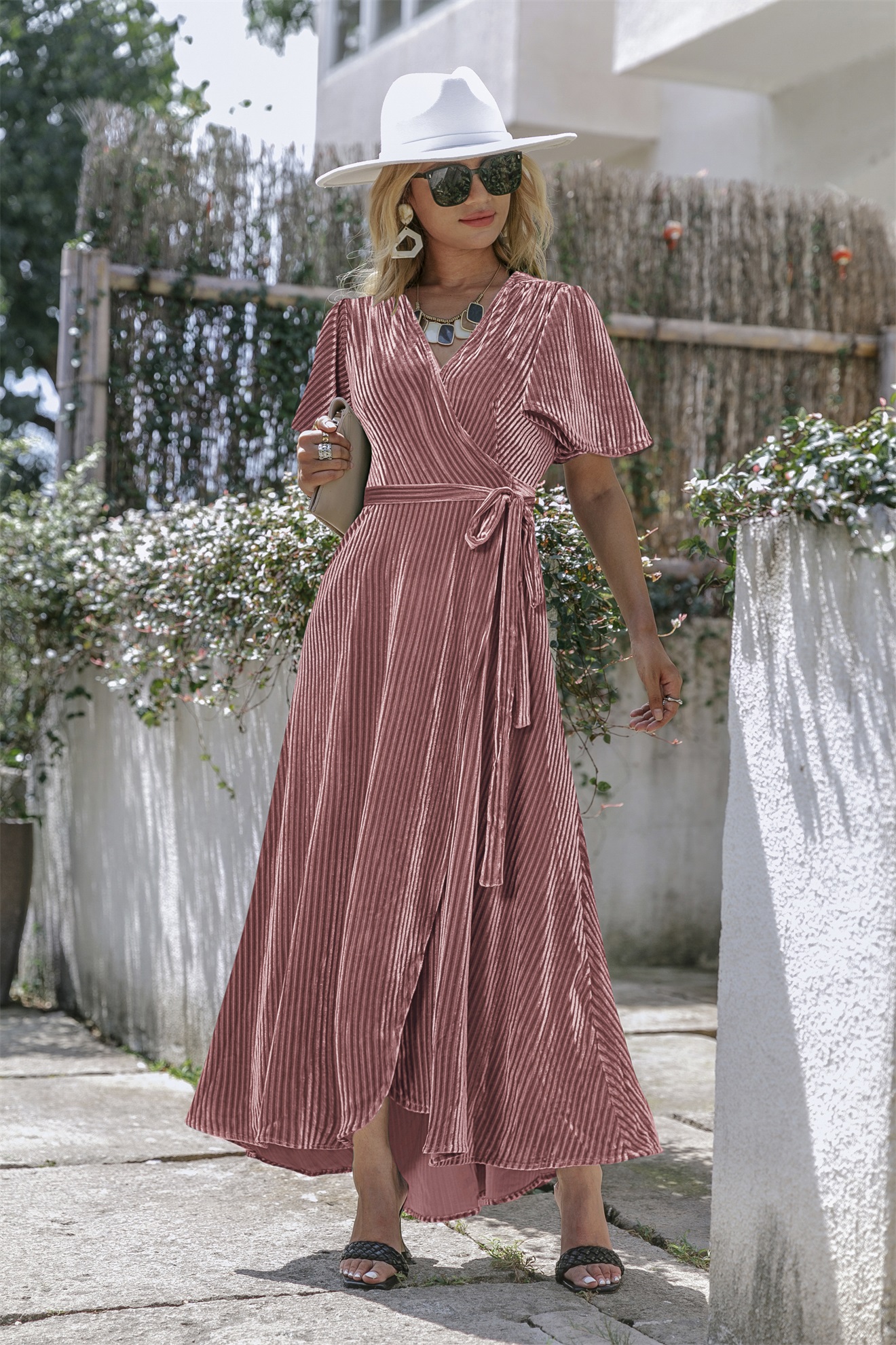 Velvet V-Neck Short Sleeve Belted Wrap Maxi Dress