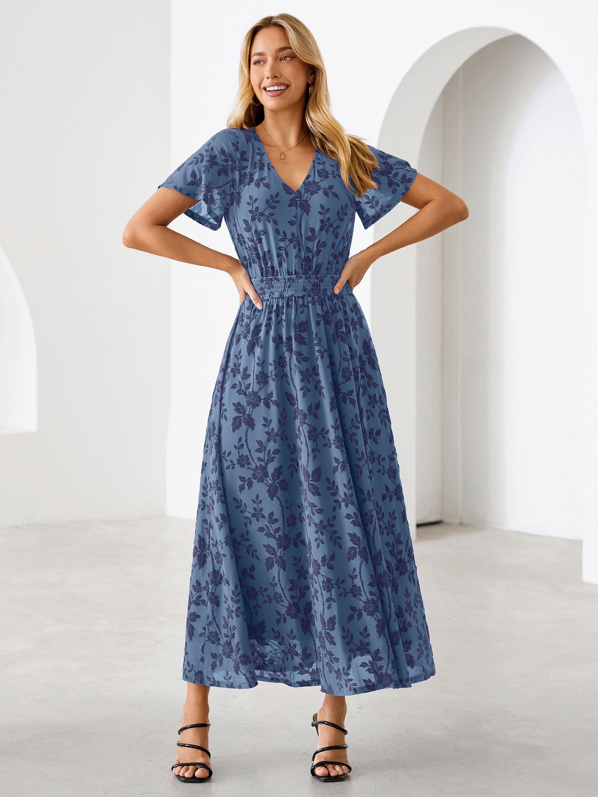 Flocked Floral V Neck Mesh Smocked Maxi Dress