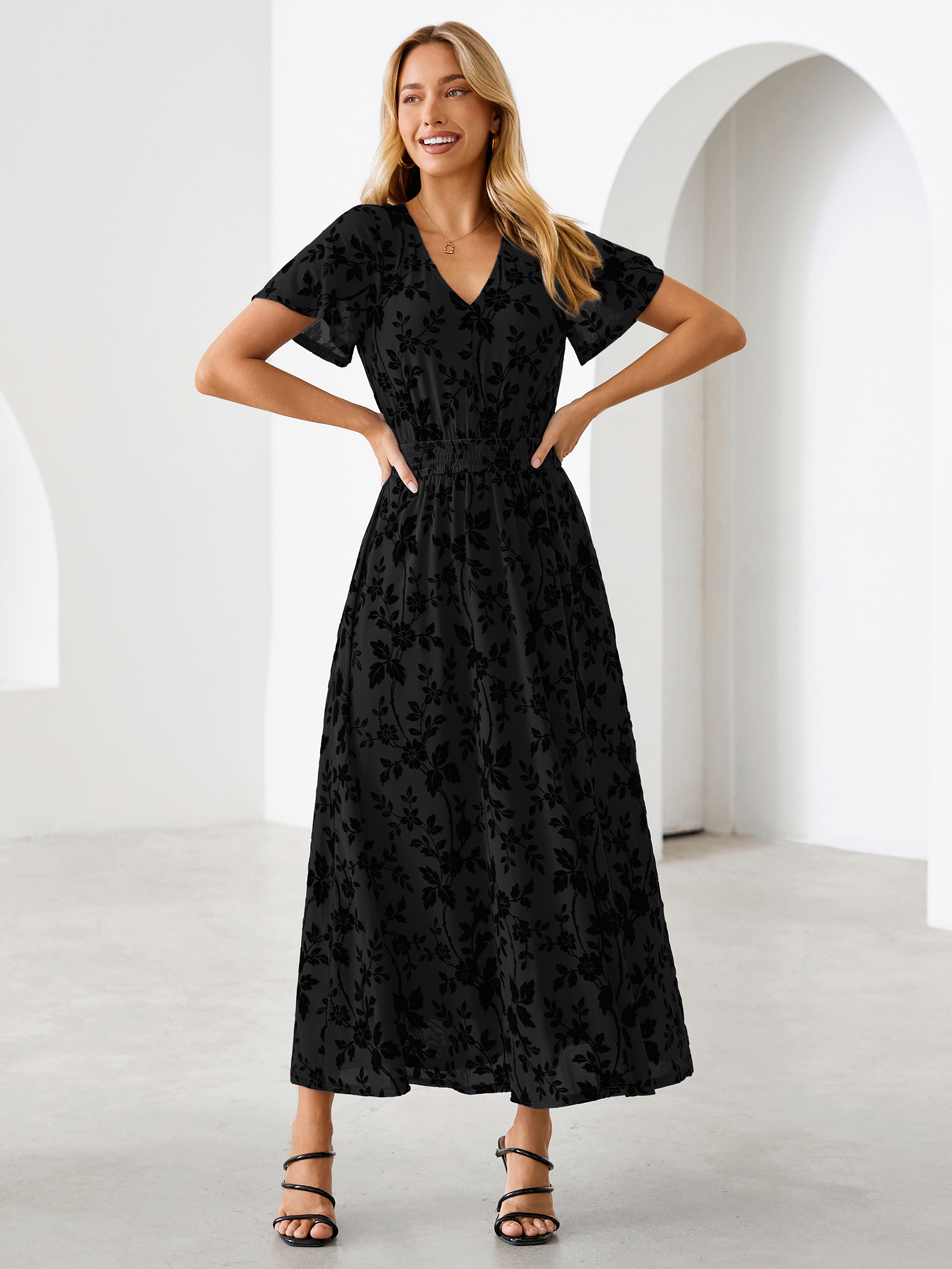 Flocked Floral V Neck Mesh Smocked Maxi Dress