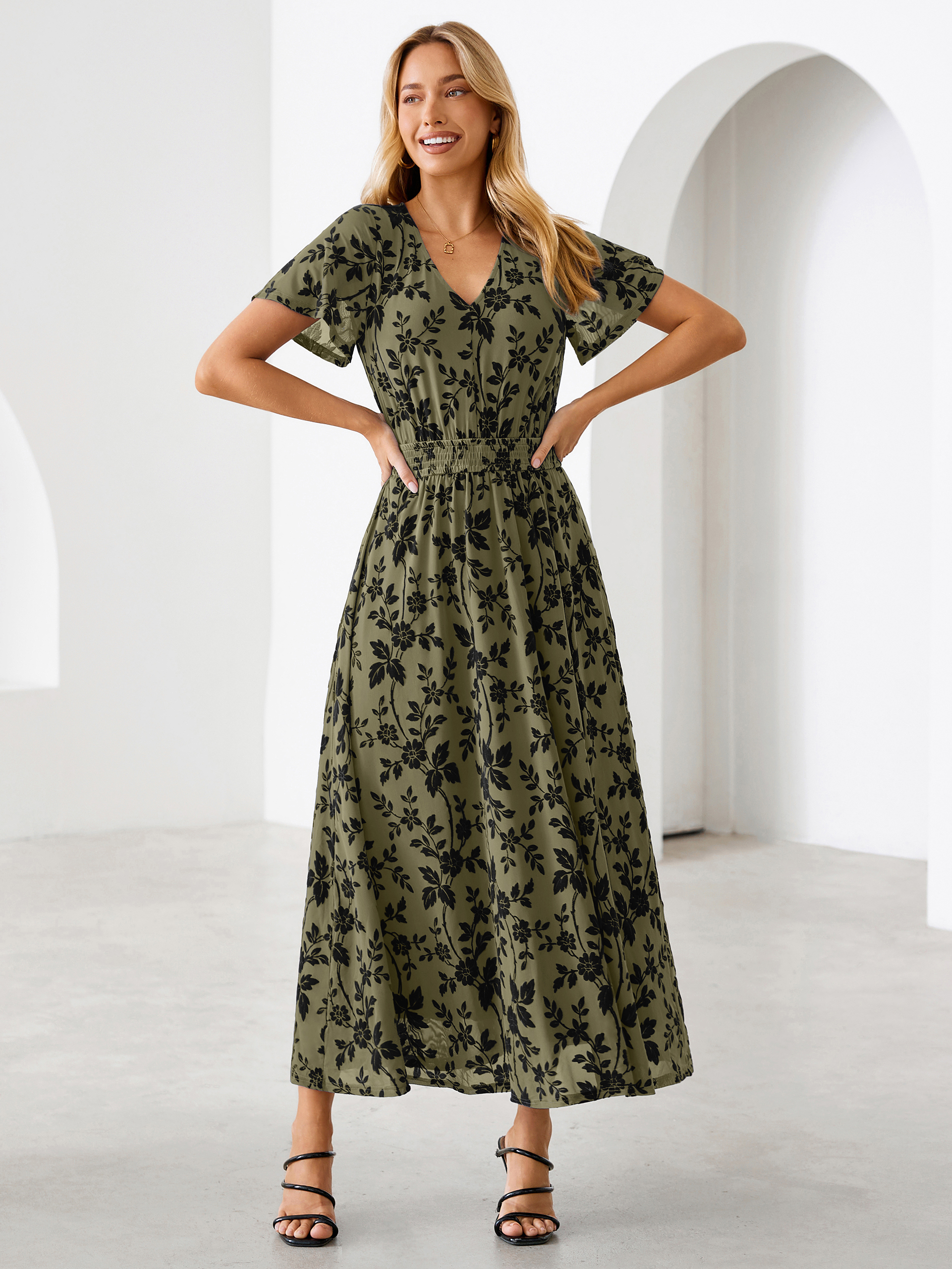 Flocked Floral V Neck Mesh Smocked Maxi Dress