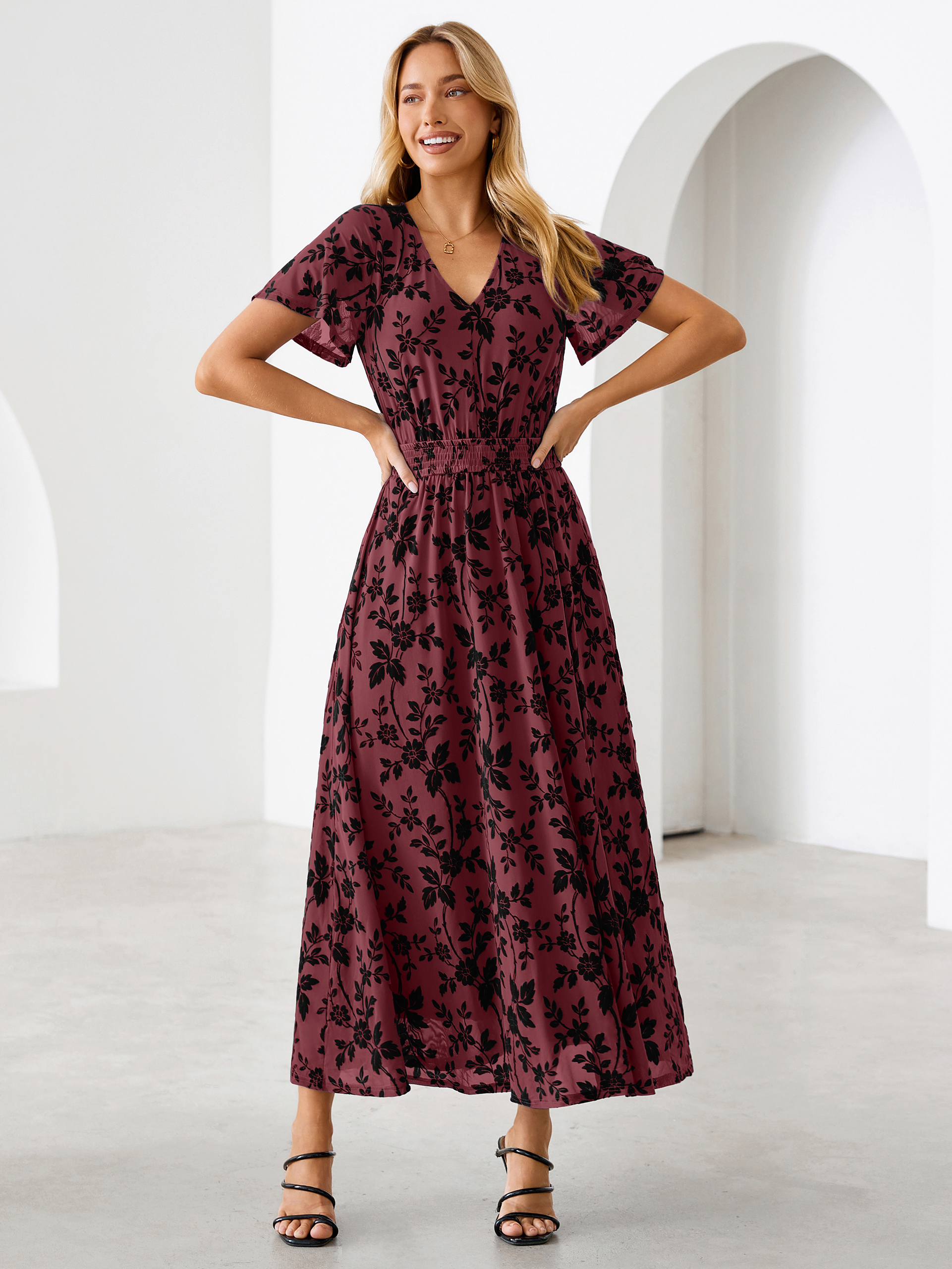 Flocked Floral V Neck Mesh Smocked Maxi Dress
