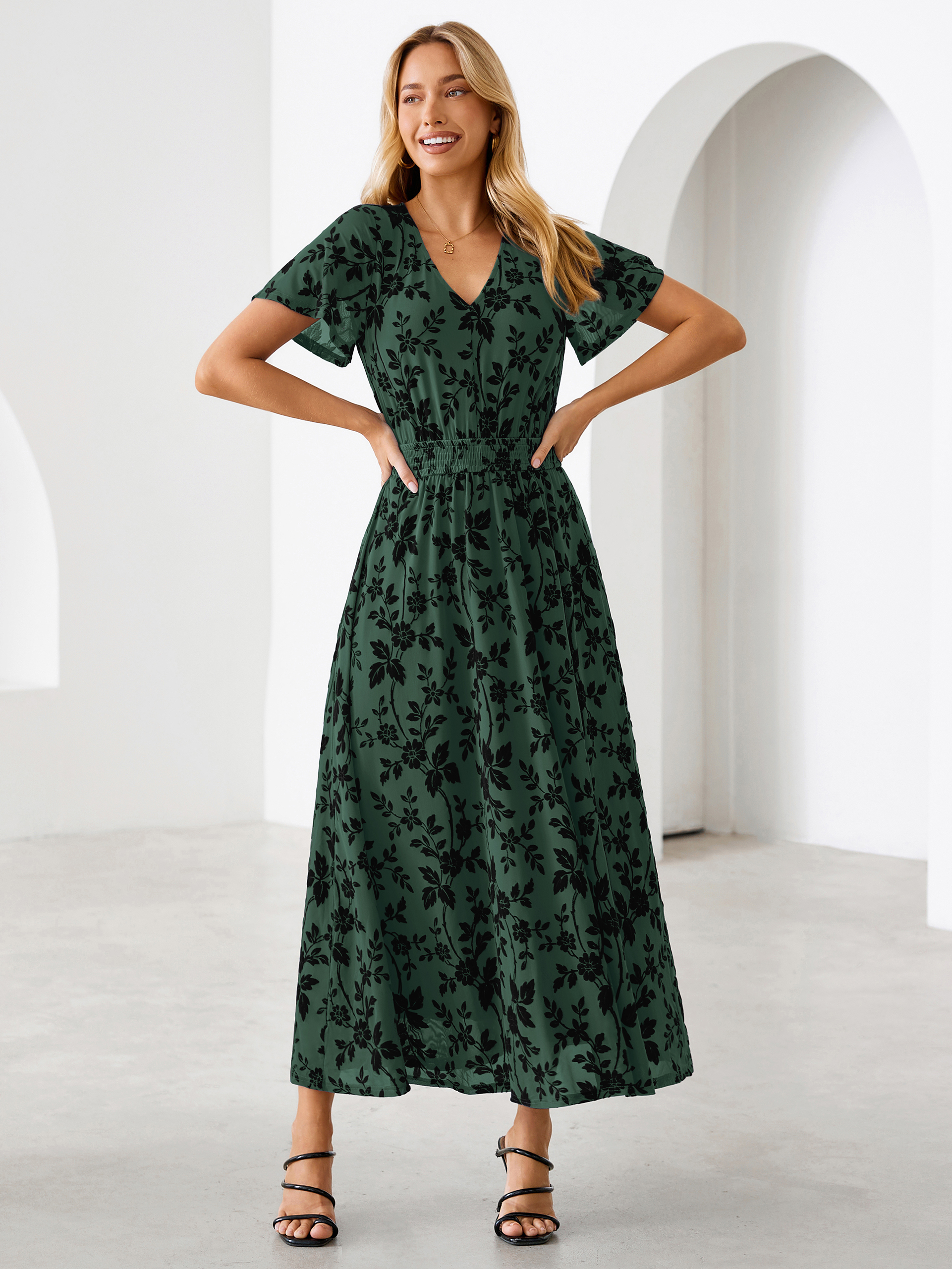 Flocked Floral V Neck Mesh Smocked Maxi Dress