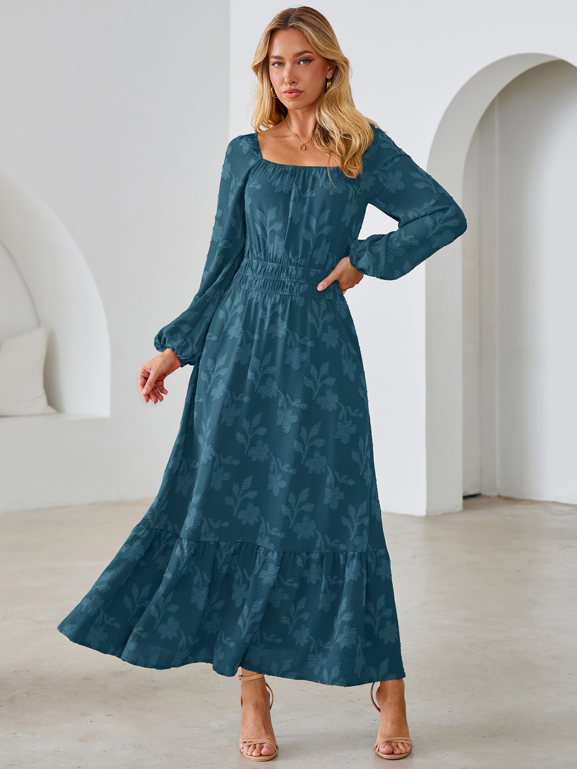 Jacquard Floral Square Neck Wedding Guest Maxi Dress - Lake Blue