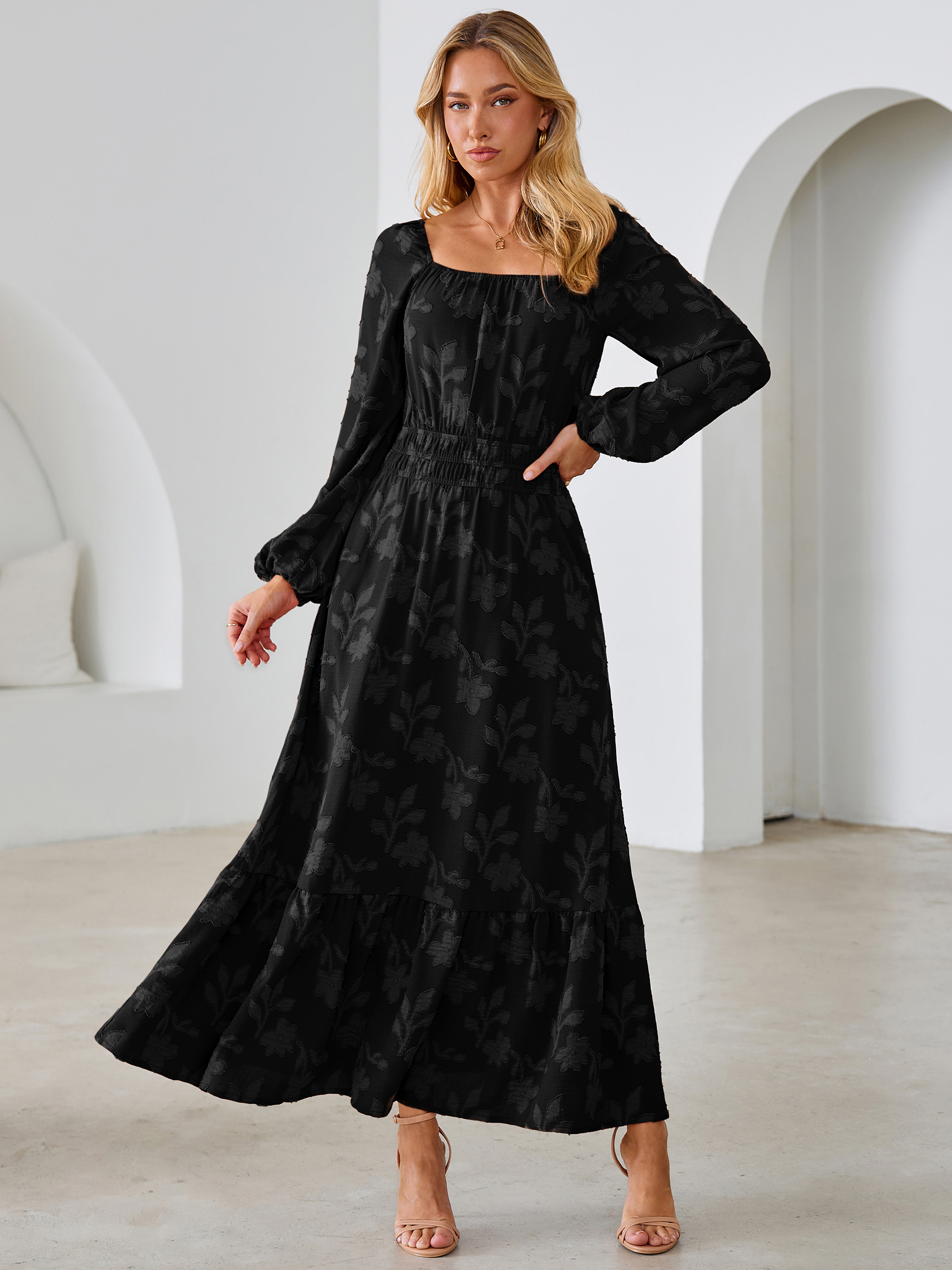 Jacquard Floral Square Neck Wedding Guest Maxi Dress - Black
