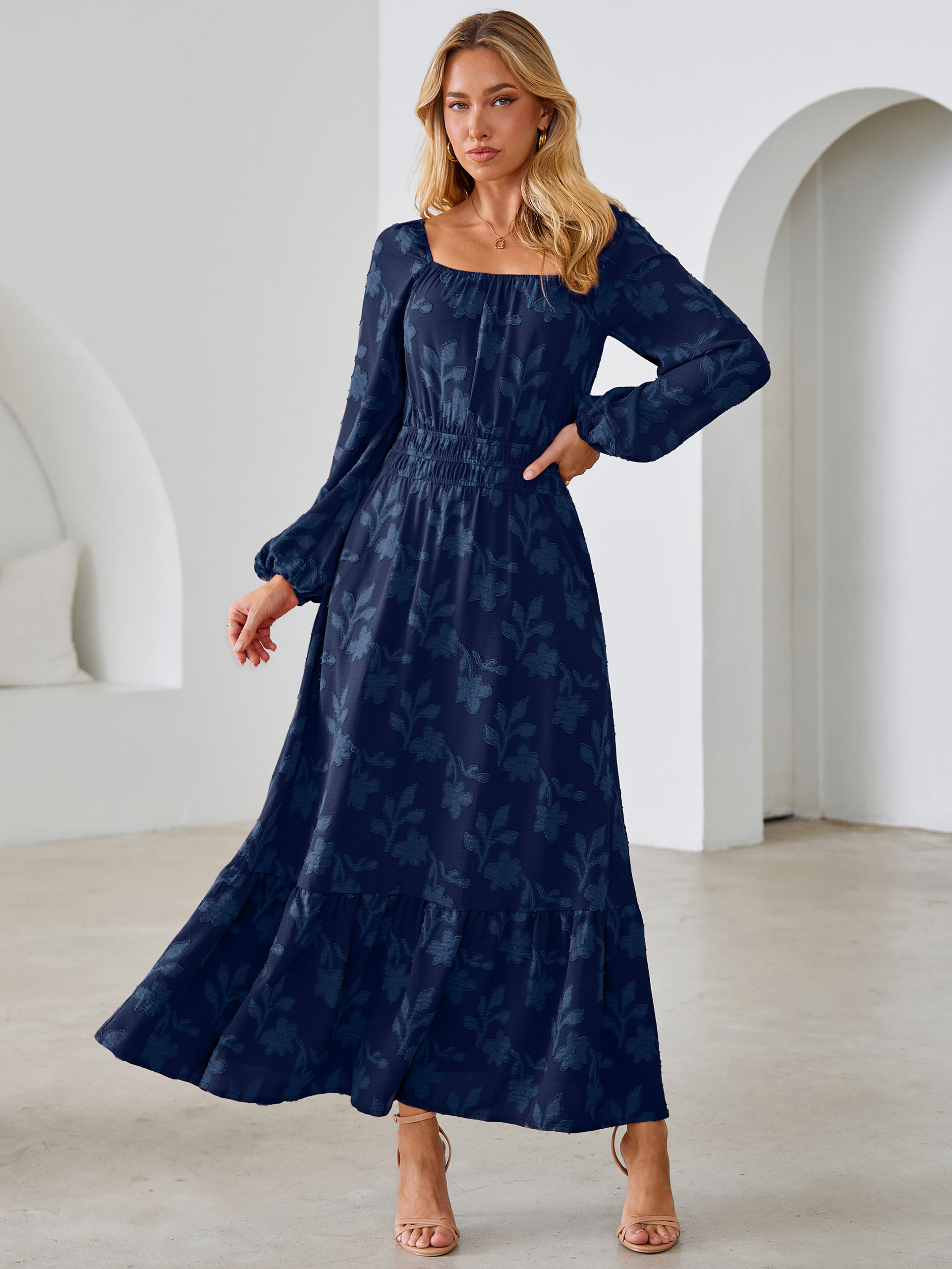 Jacquard Floral Square Neck Wedding Guest Maxi Dress - Navy Blue