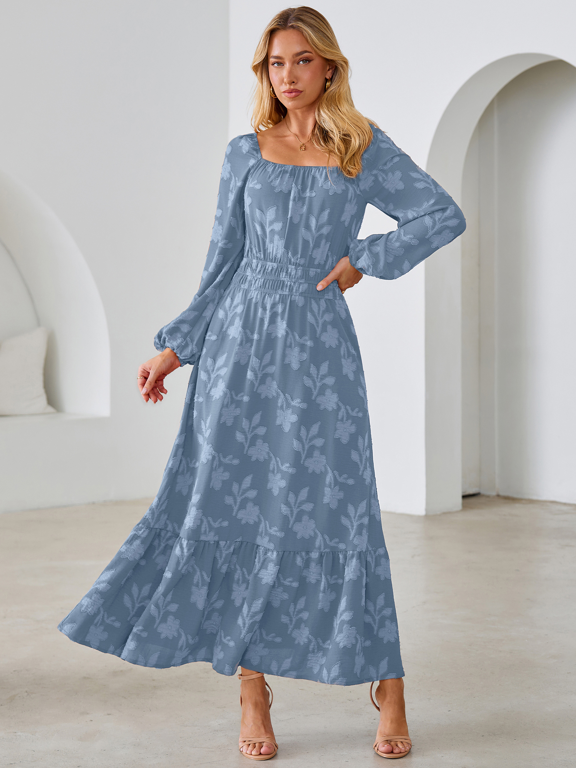 Jacquard Floral Square Neck Wedding Guest Maxi Dress - Dusty Blue