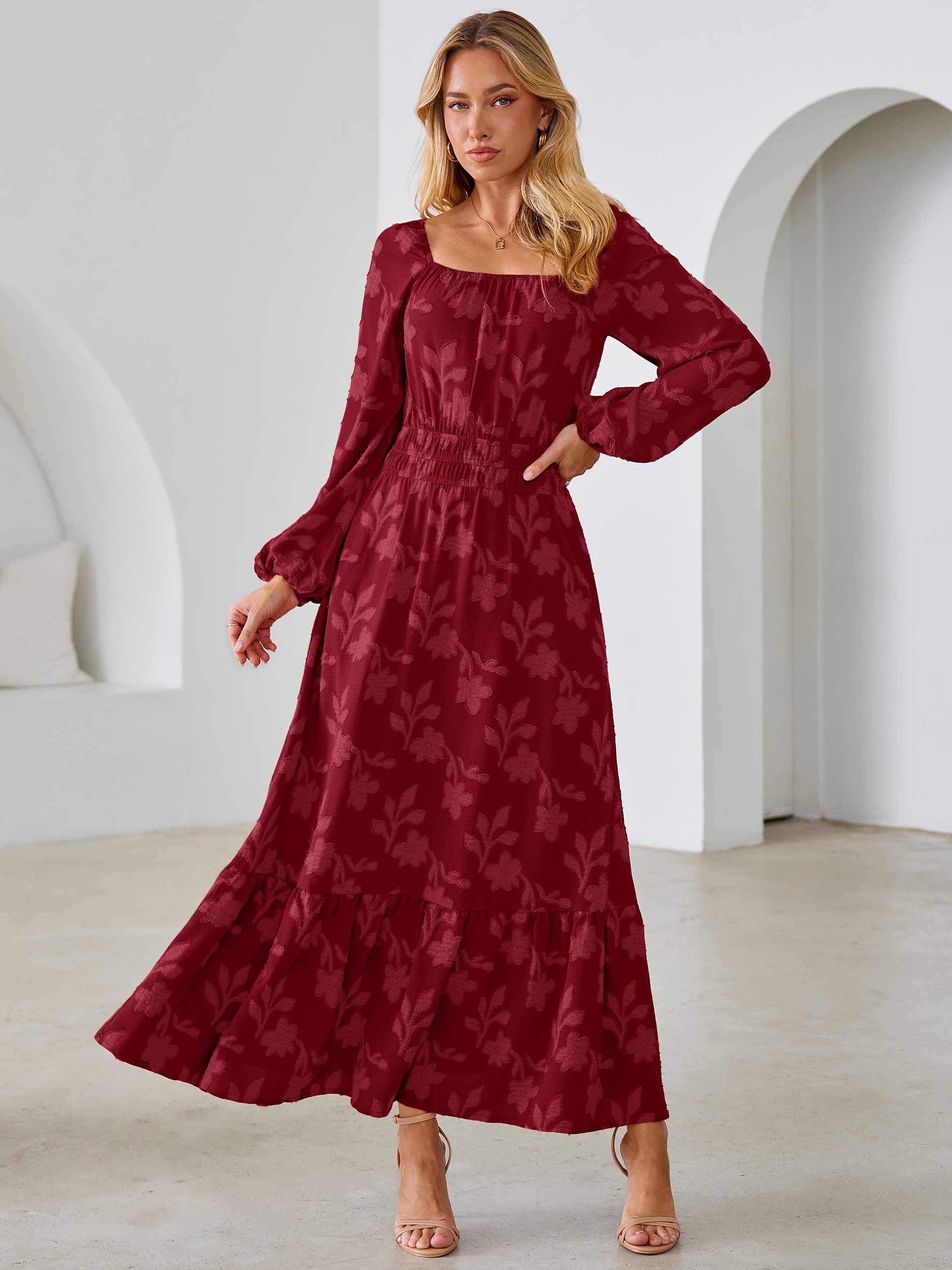 Jacquard Floral Square Neck Wedding Guest Maxi Dress - Burgundy