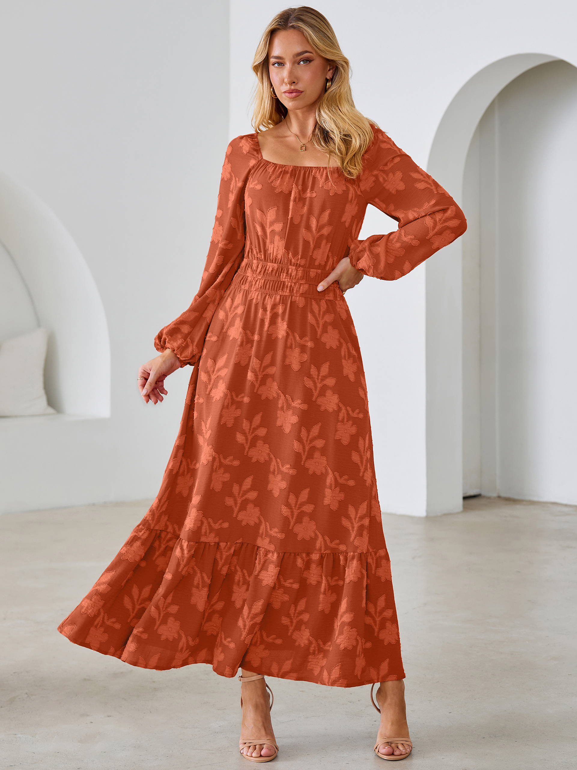 Jacquard Floral Square Neck Wedding Guest Maxi Dress - Orange