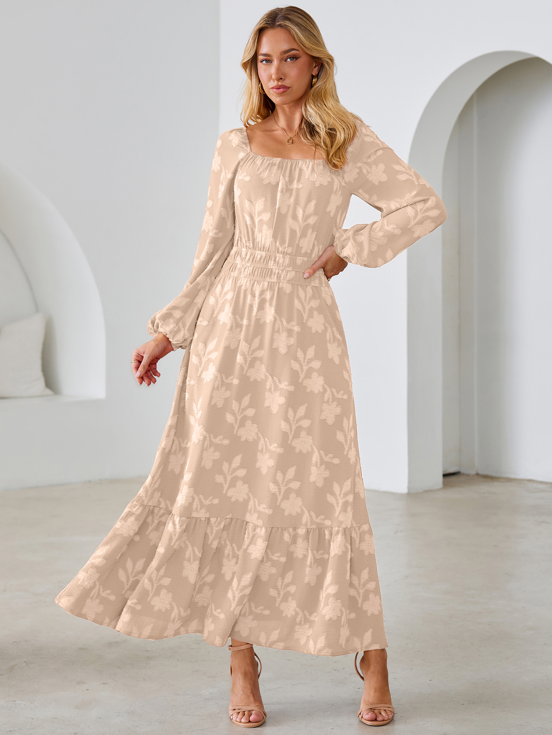 Jacquard Floral Square Neck Wedding Guest Maxi Dress - Beige