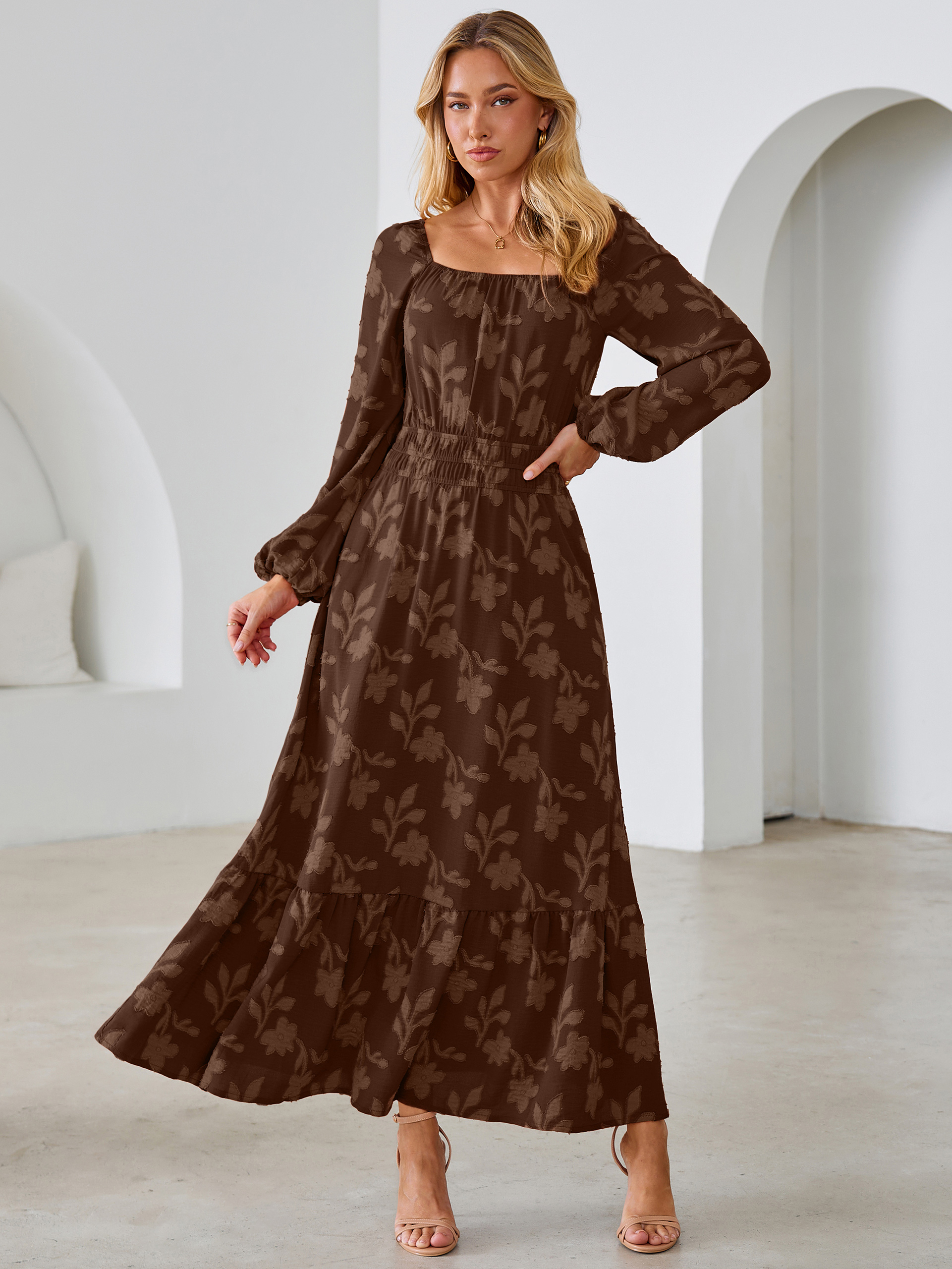 Jacquard Floral Square Neck Wedding Guest Maxi Dress - Brown