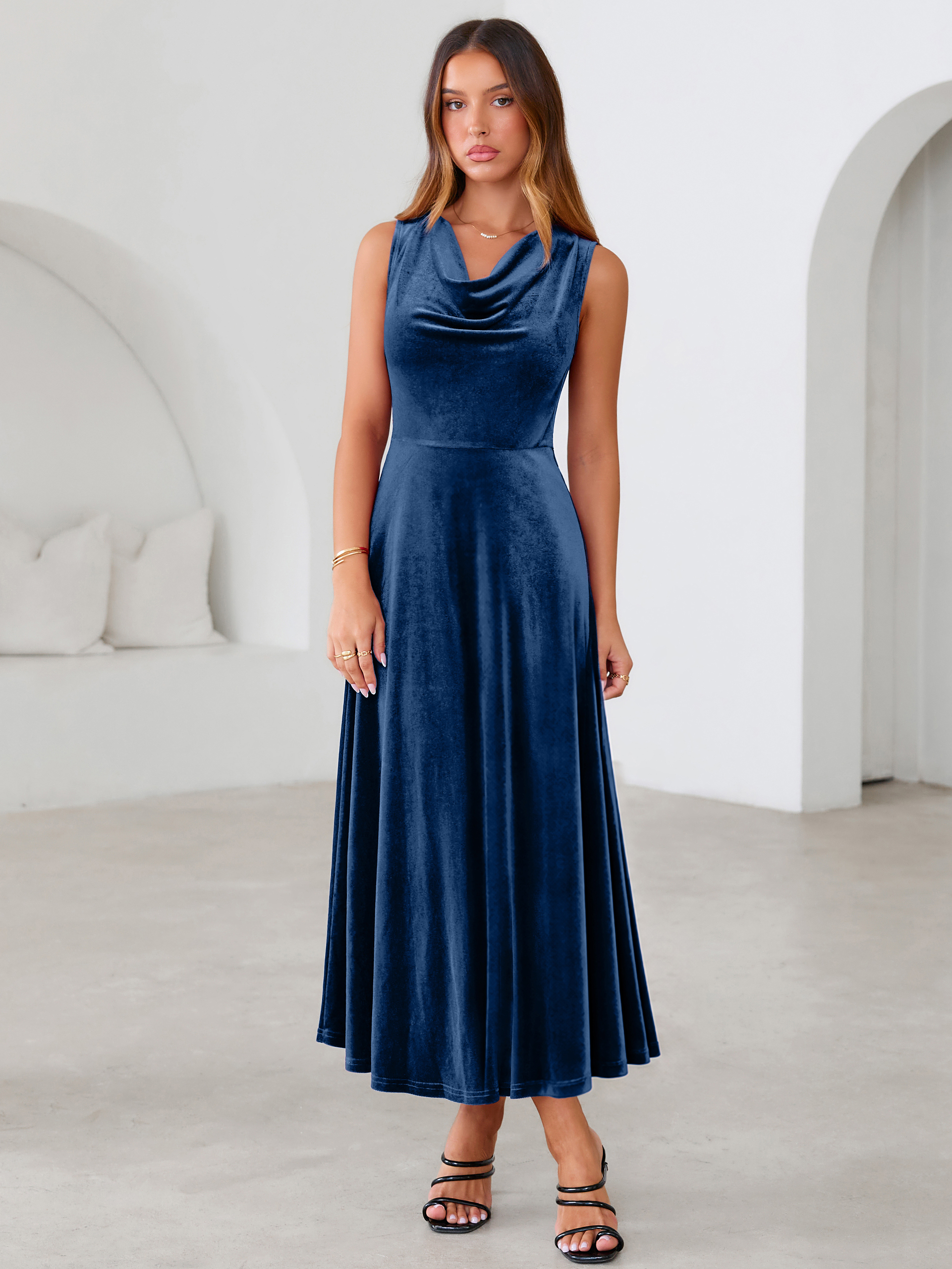 Velvet Cowl Neck Sleeveless A Line Maxi Dress